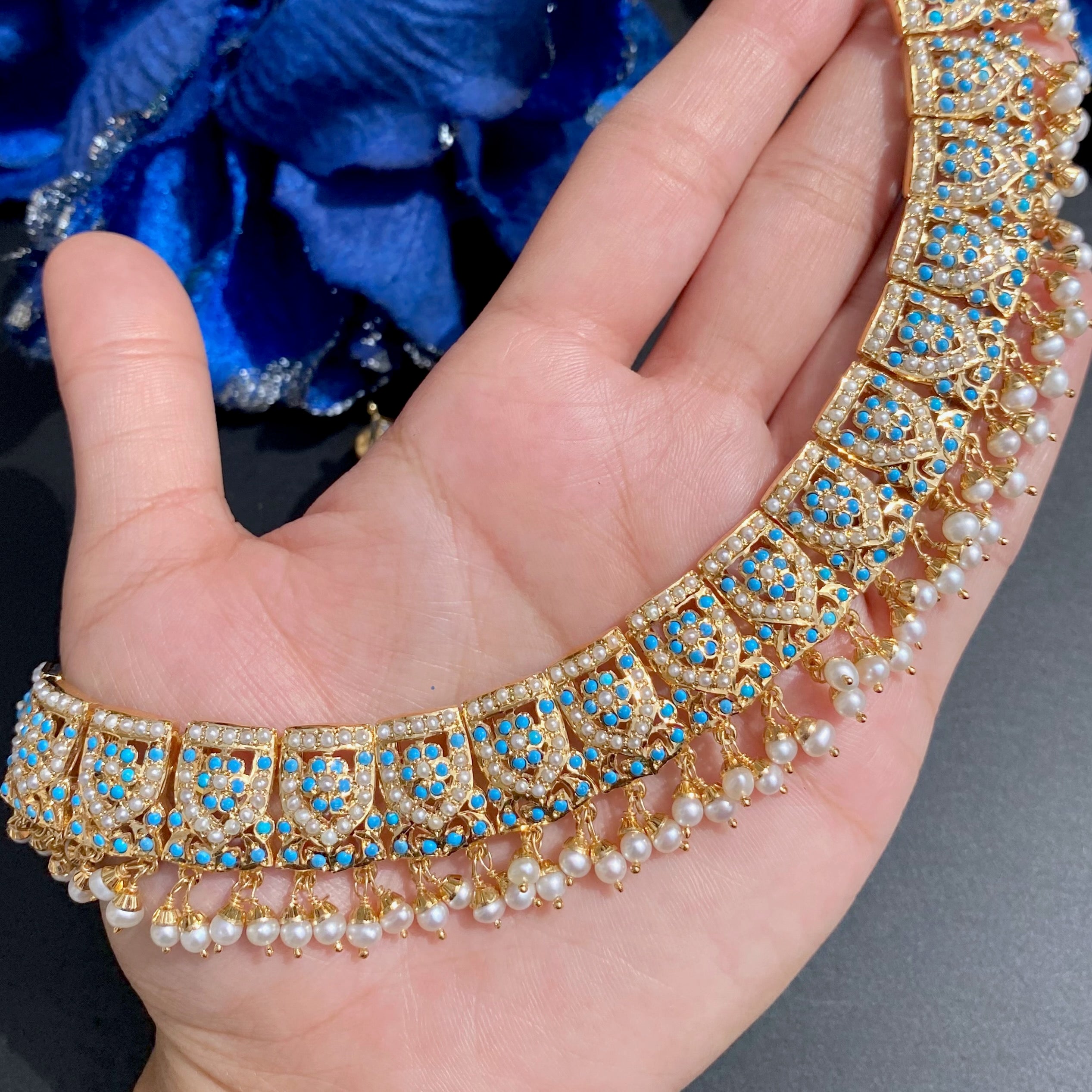 Classy Pearl & Feroza Necklace Set | Fine Indian Jewelry | Gold Plated Silver NS 403