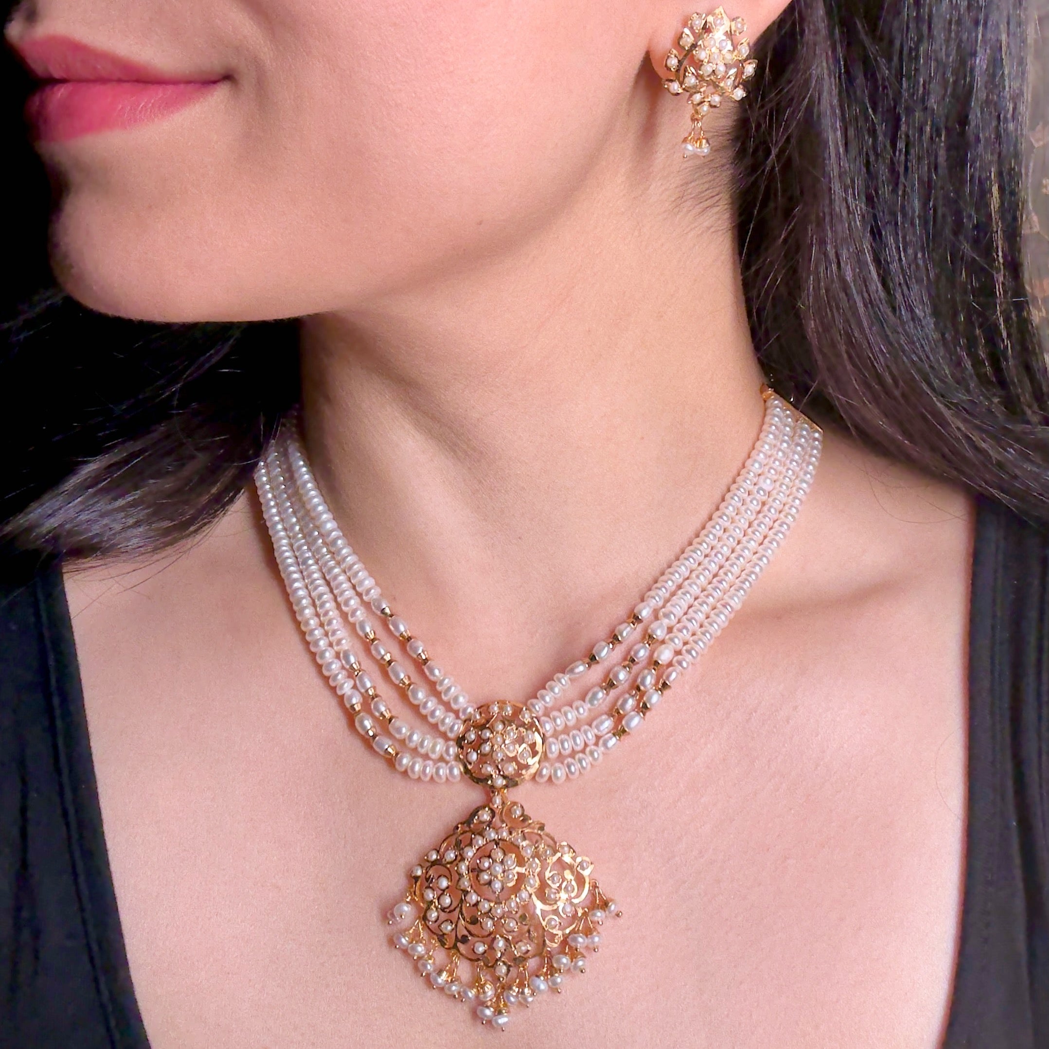Simple Jadau Choker Set | Gold Plated on Silver | Freshwater Pearls NS 392