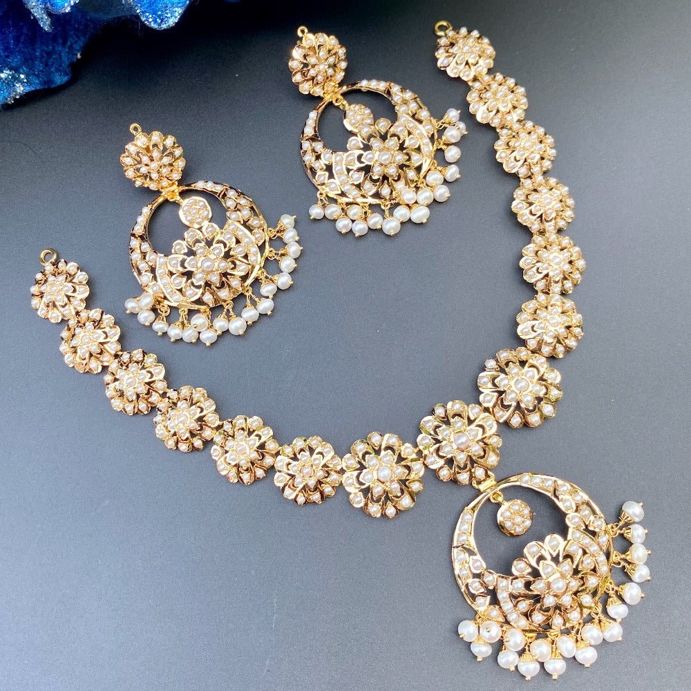 Floral Pearl Necklace Set With Chandbali Earrings 22K Gold Jewelry
