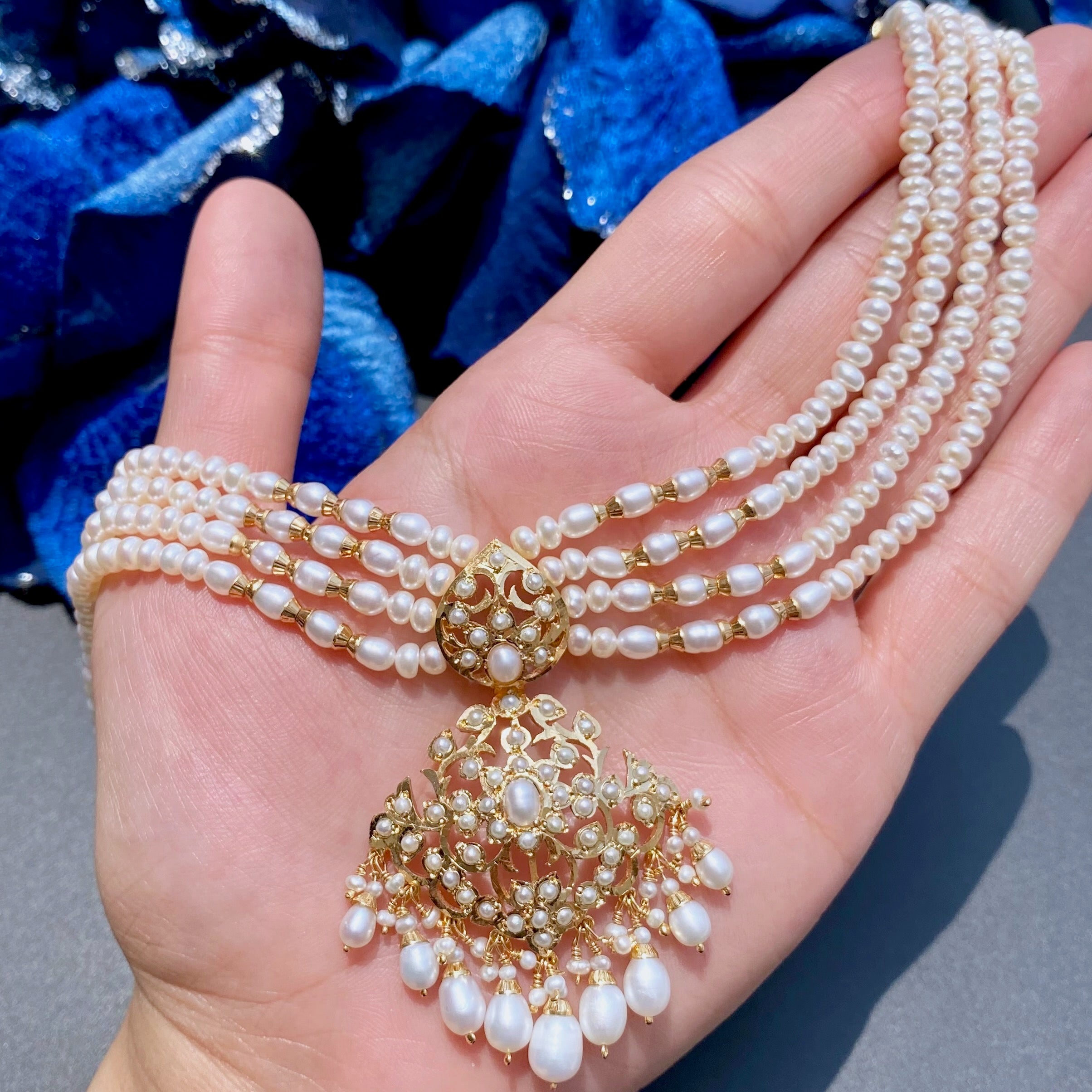 Sitarami Set in Freshwate Pearls | Gold Plated on Sterling Silver | Heritage Indian Jewelry NS 383