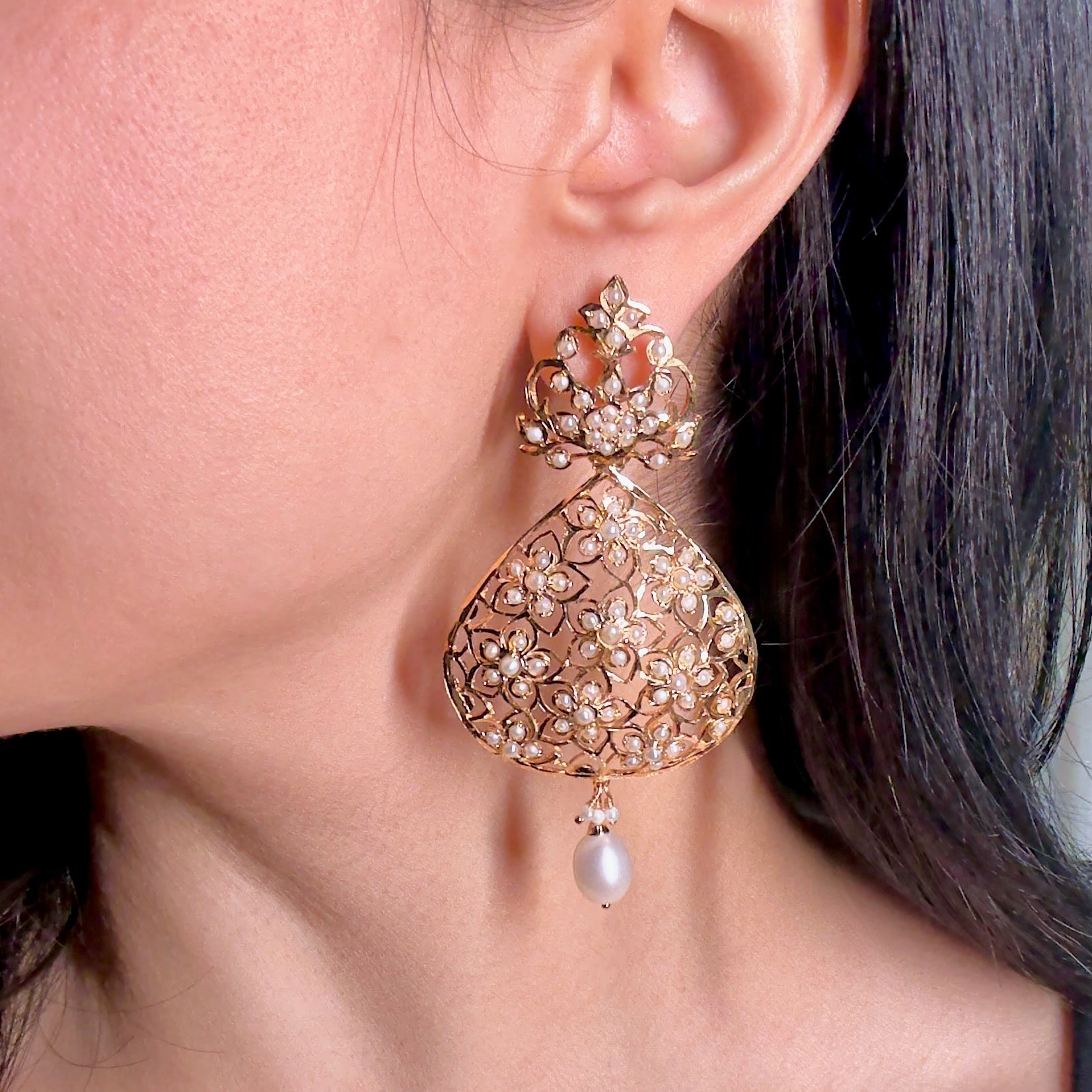 Indo Western Design Earrings | Freshwater Pearls | Gold Plated on Silver ER 559