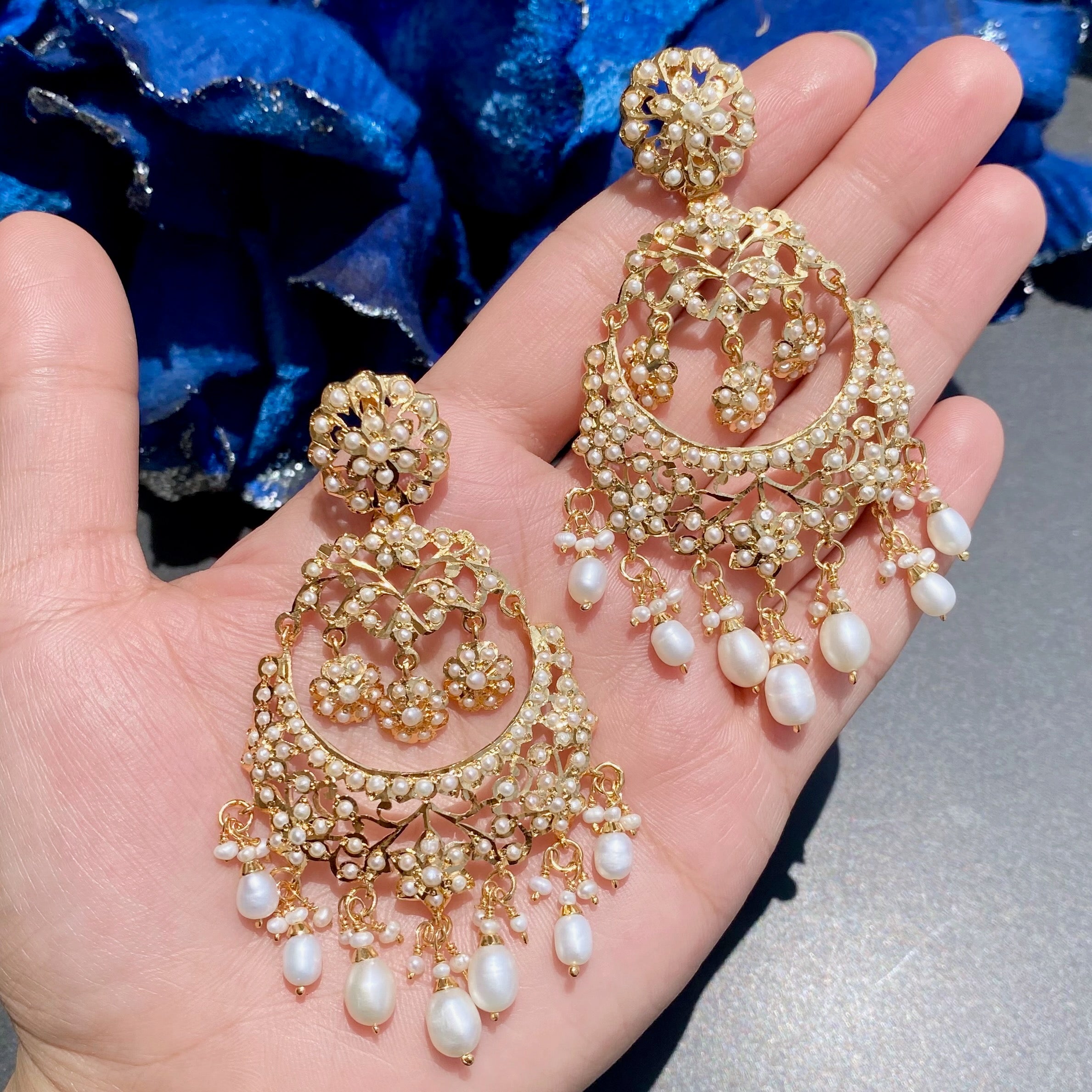 Exquisite Pearl Earrings | Gold Plated on Silver | Unique Jadau Chandbalis ER 567