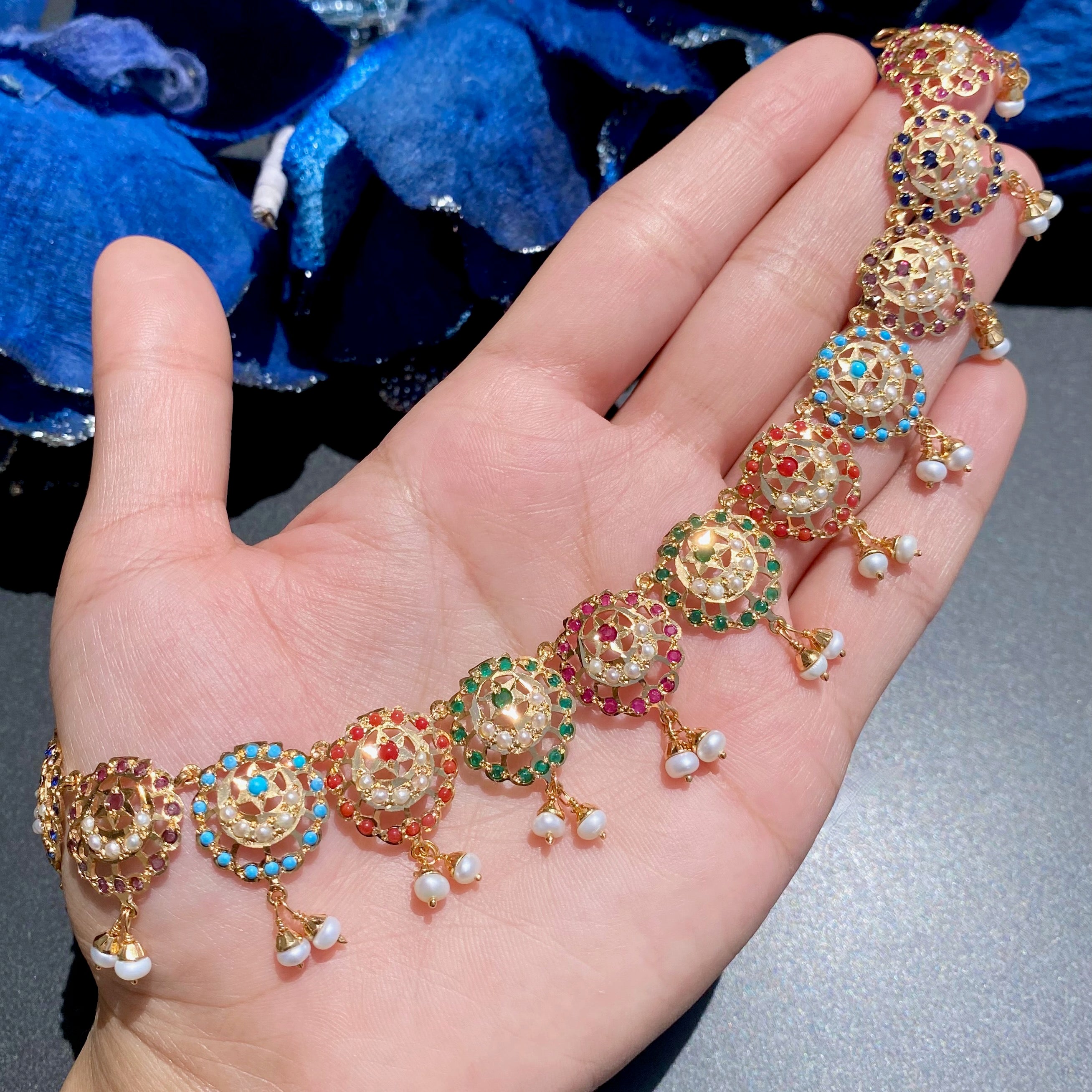 Exquisite Navaratna Necklace with Long Danglers | Premium Indian Jadau Jewelry on Silver with Gold Plating