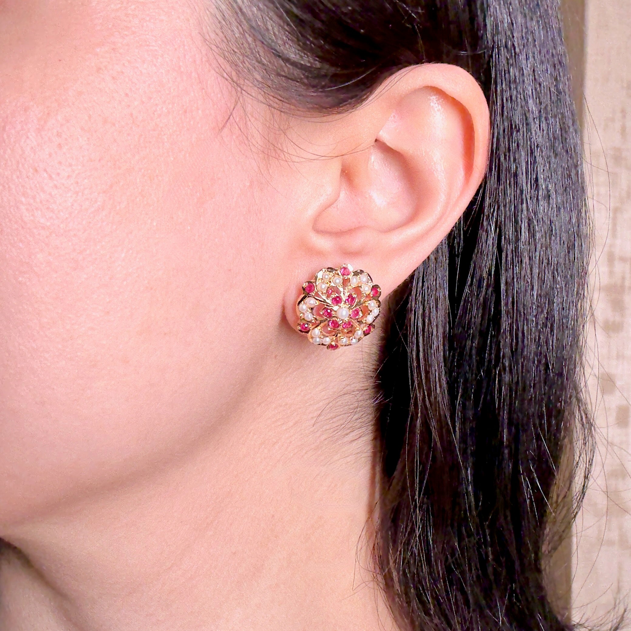 Intricate Jadau Tops | Ruby Pearl Combination | Premium Handmade Jewelry on Silver with Gold PlatingER 794