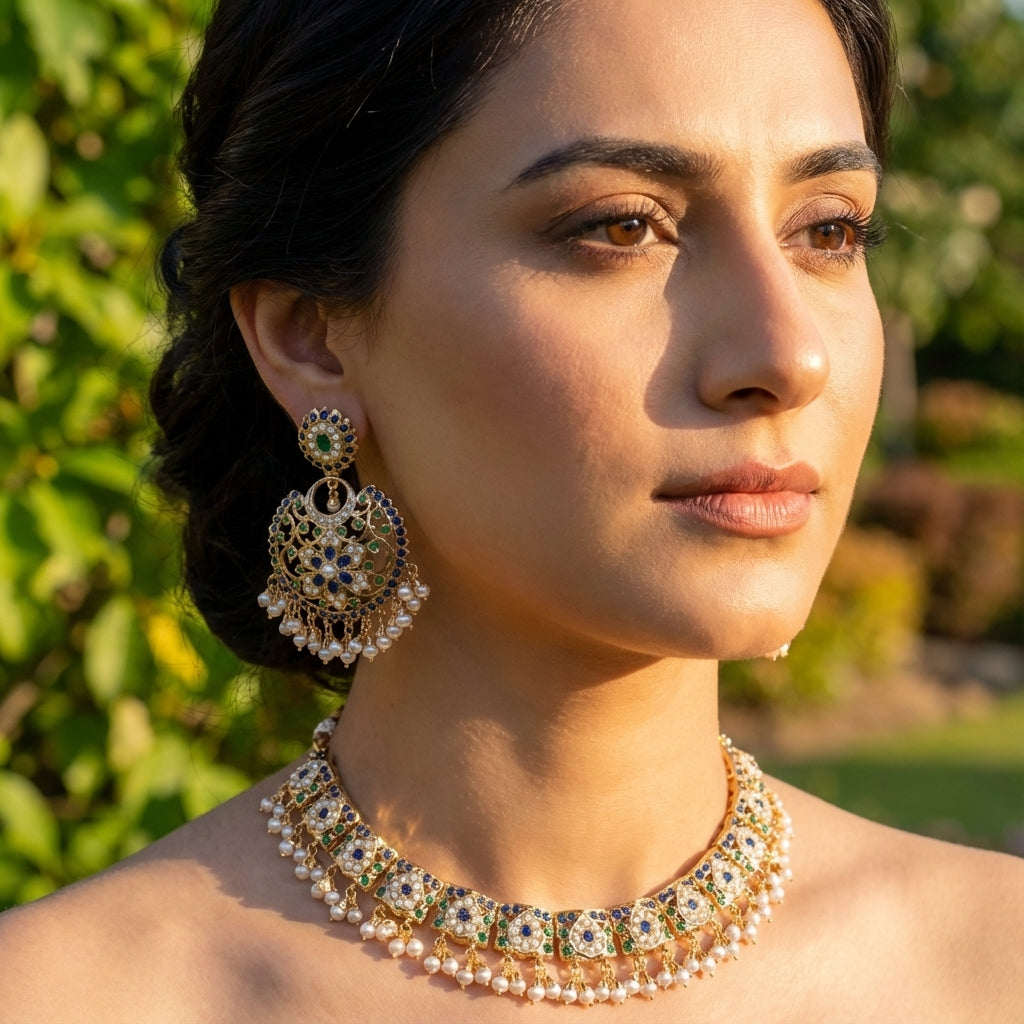 Woman wearing a jadau necklace and earrings with a blurred green background