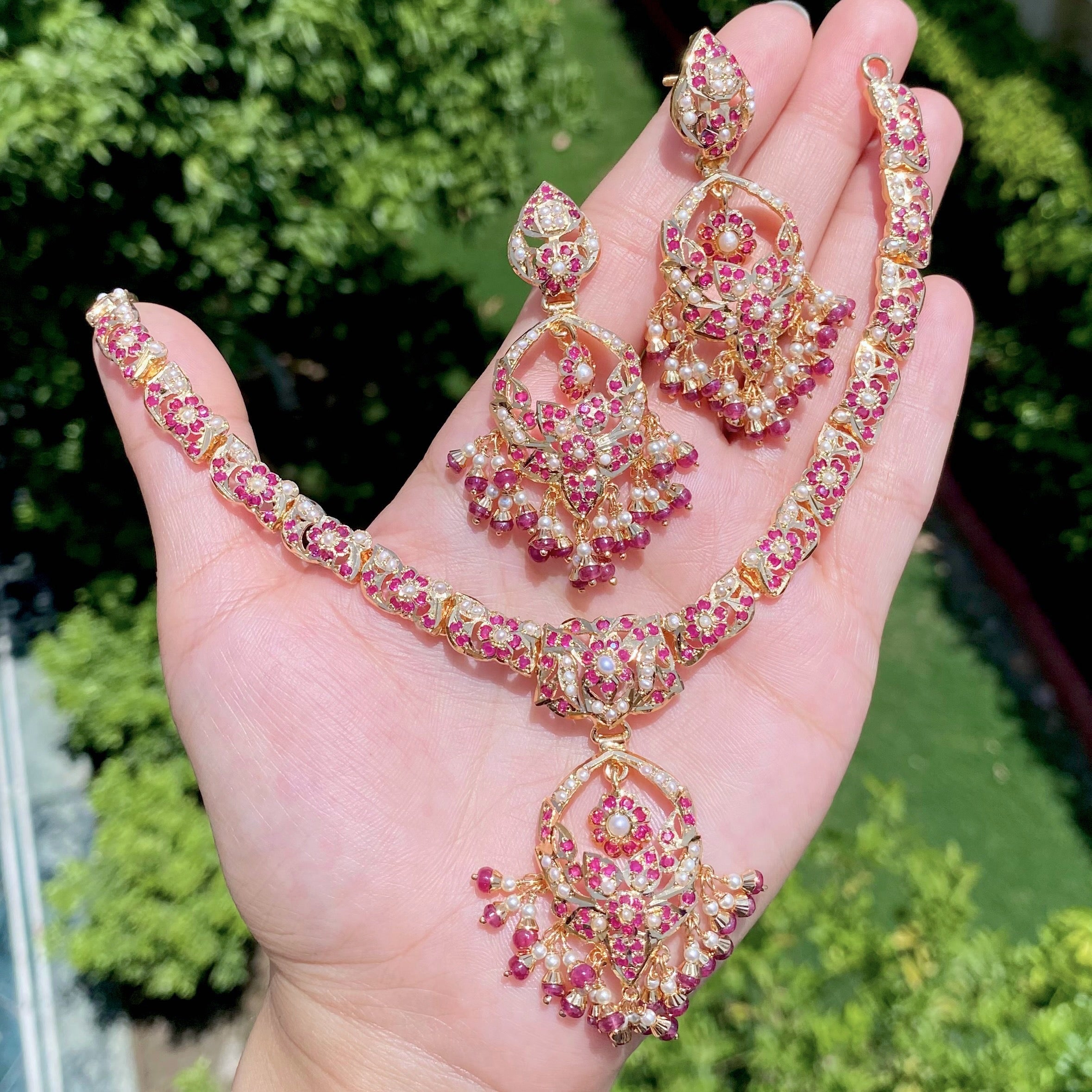 Ruby Pearl Jadau Necklace Set | Gold Plated on Silver NS 393