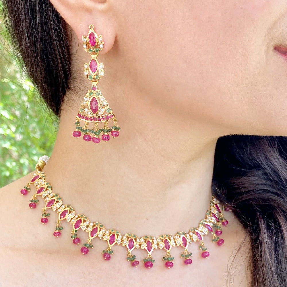 jadau necklace with jhumki on gold