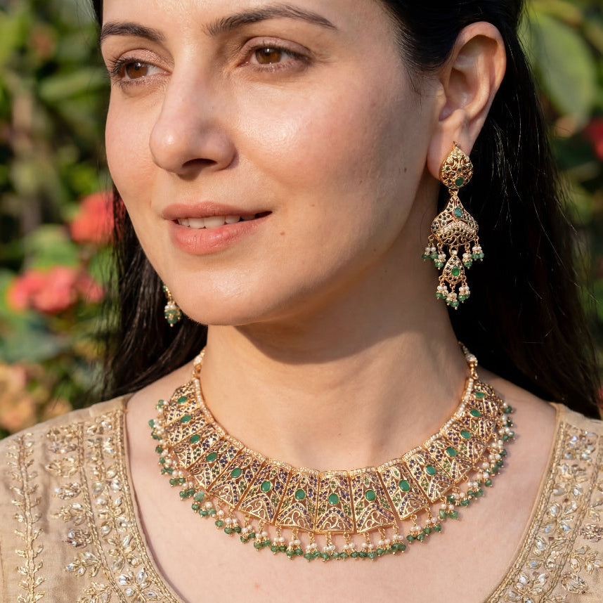 गोल्ड प्लेटेड जड़ाऊ नेकलेस सेट | 925 सिल्वर नेकलेस सेट NS 218