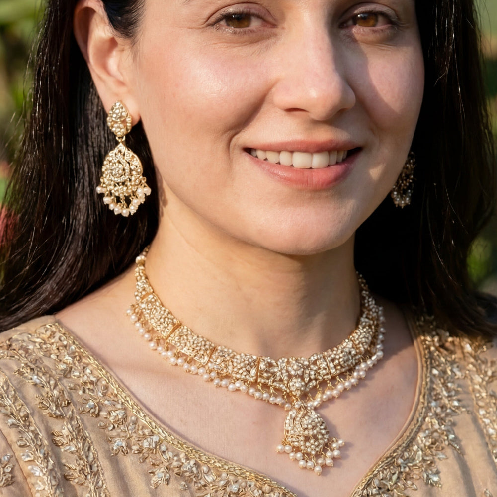 ముత్యాల ఆభరణాలు | పెర్ల్ నెక్లెస్ సెట్ | గోల్డ్ ప్లేటెడ్ సిల్వర్ NS 058