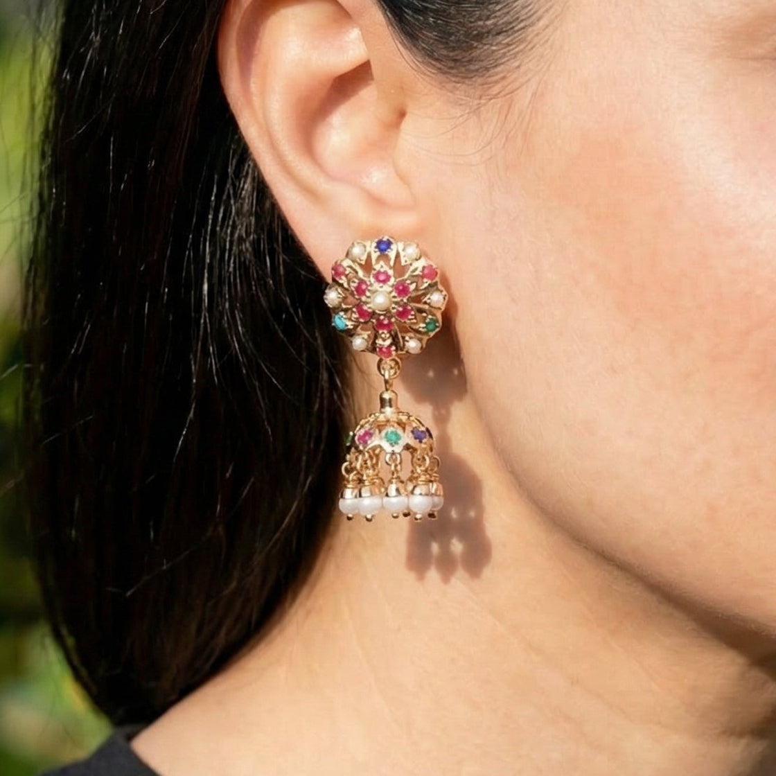 Small Navratna Jhumkis For Girls | Gold Plated Jadau Jewelry on Silver ER 518