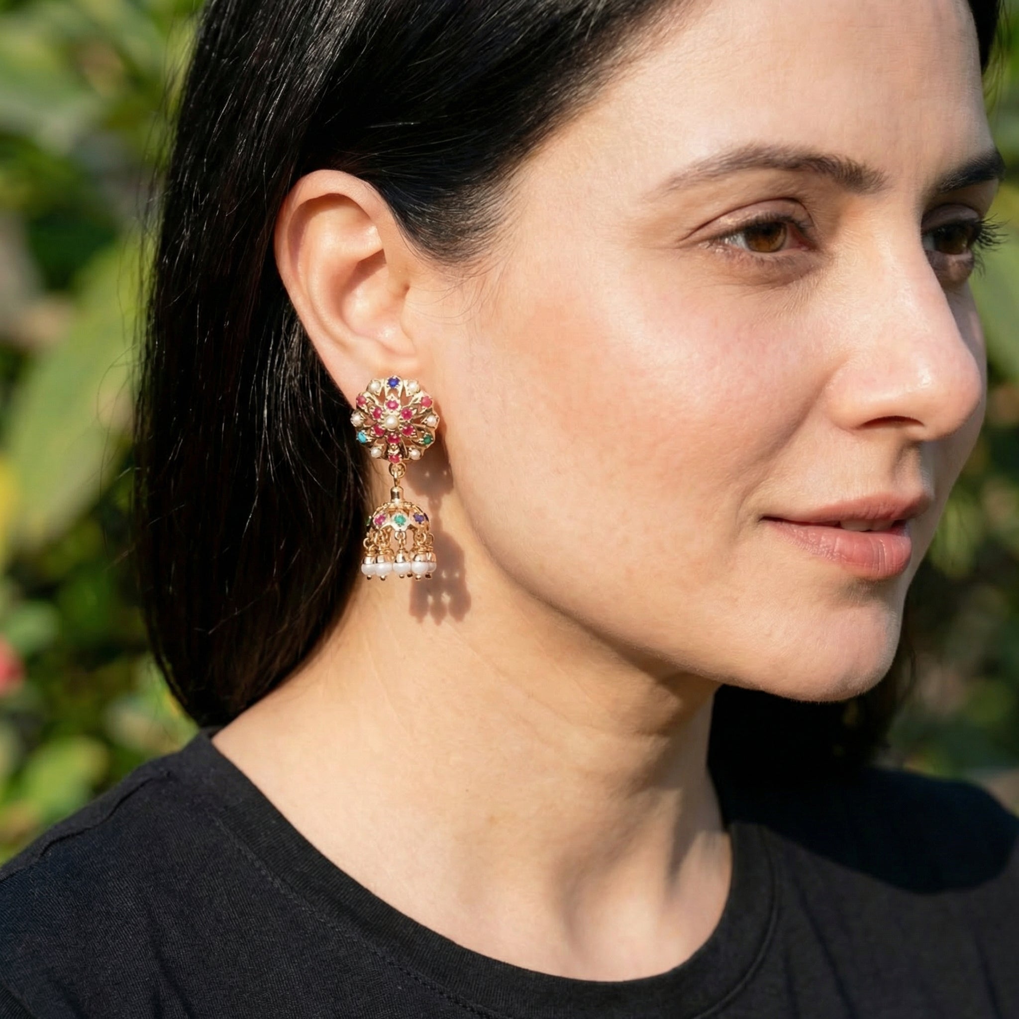 Small Navratna Jhumkis For Girls | Gold Plated Jadau Jewelry on Silver ER 518