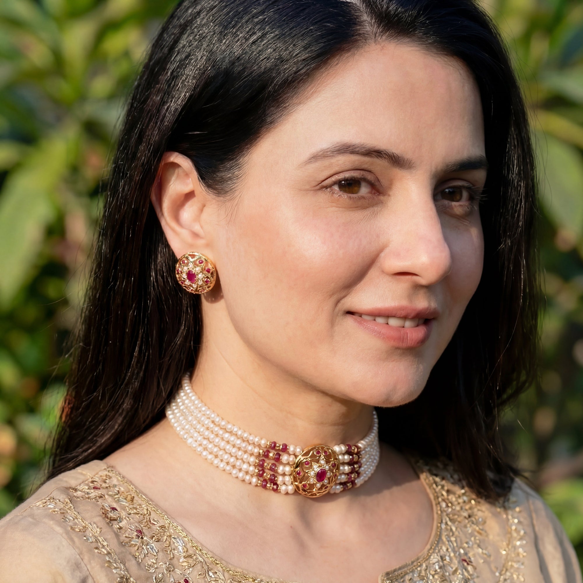 Delicate Ruby Pearl Choker | Freshwater Pearls Choker Set on Silver Base NS 356