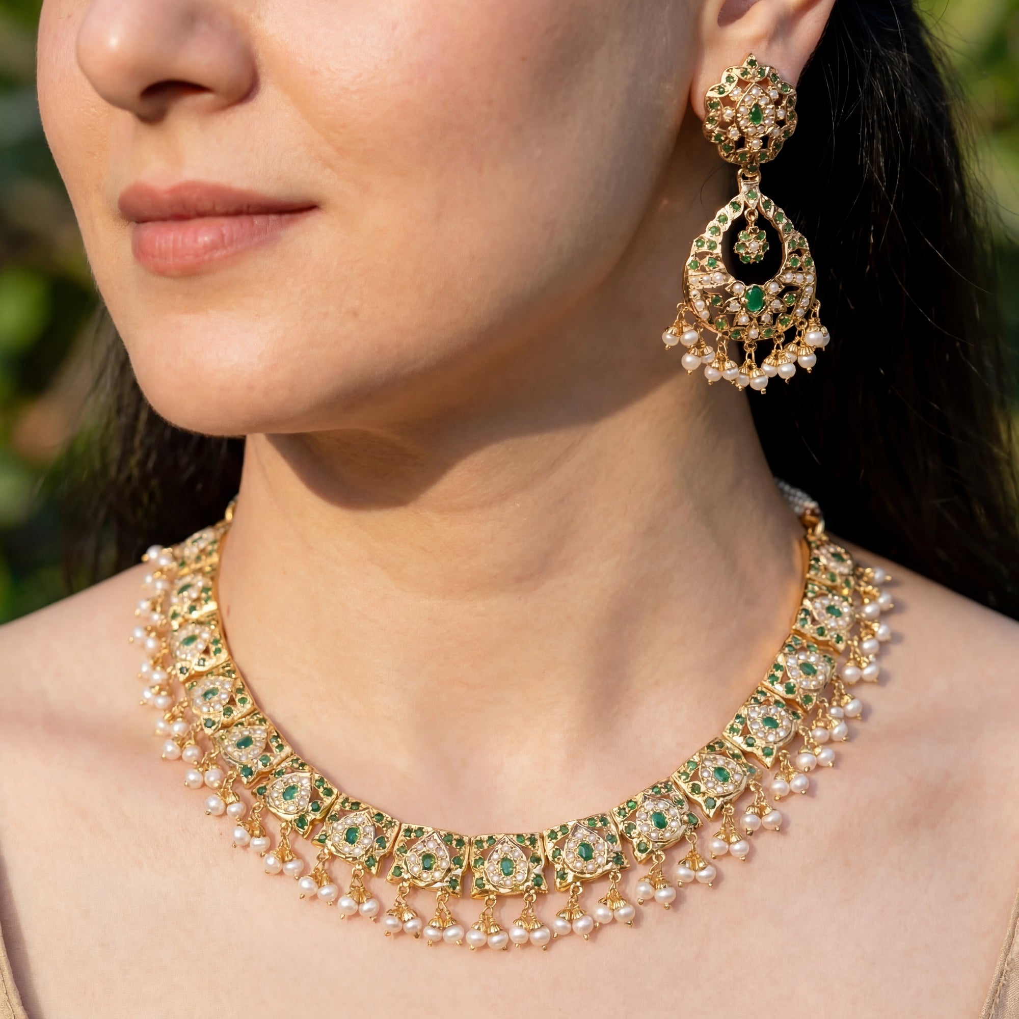 Gold Plated Emerald Set | Traditional Indian Necklace Set Design NS 184