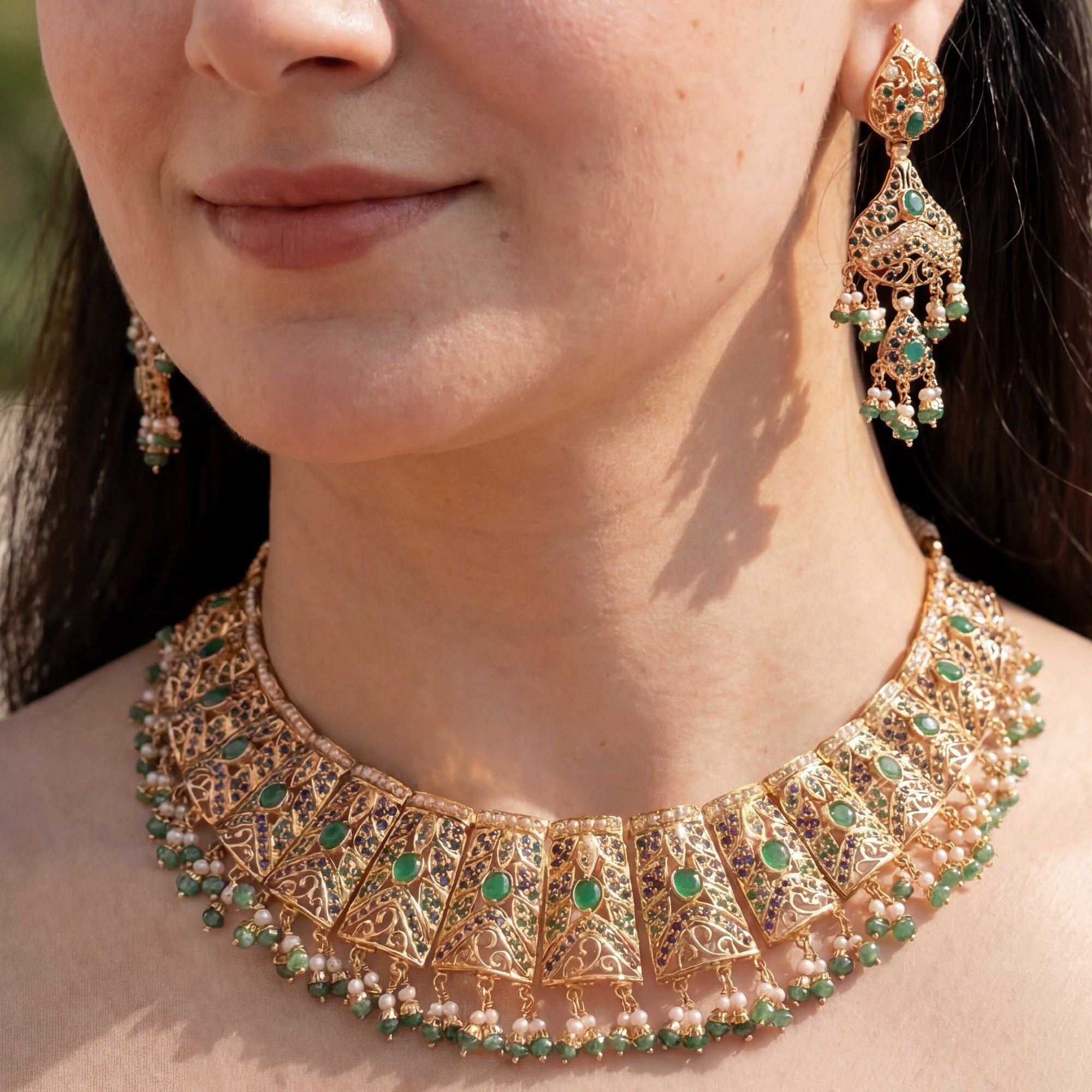 गोल्ड प्लेटेड जड़ाऊ नेकलेस सेट | 925 सिल्वर नेकलेस सेट NS 218