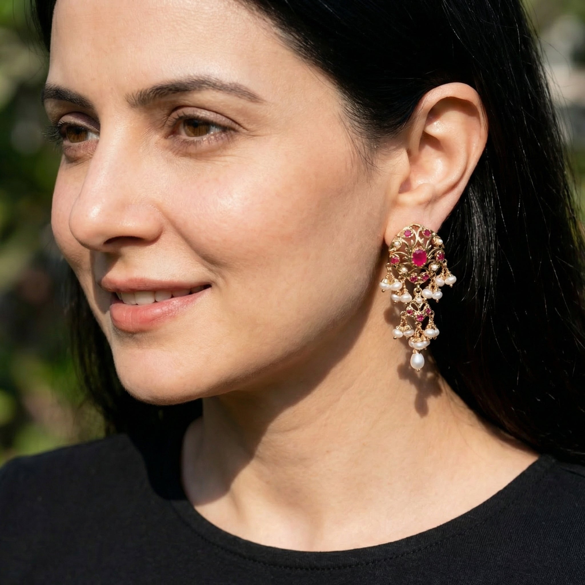 Ruby Red & Pearl Earrings | Gold Plated on Sterling Silver ER 619