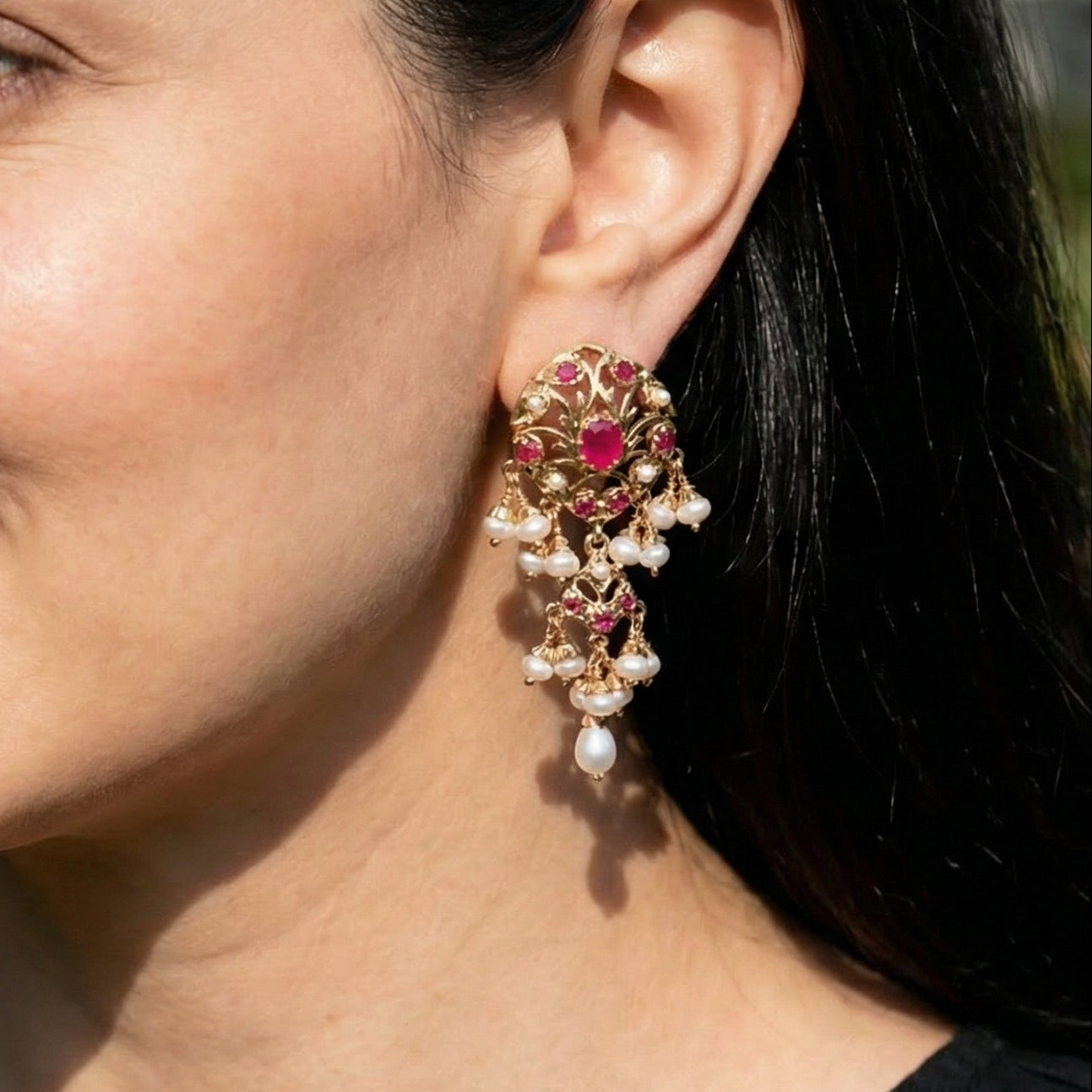 Ruby Red & Pearl Earrings | Gold Plated on Sterling Silver ER 619