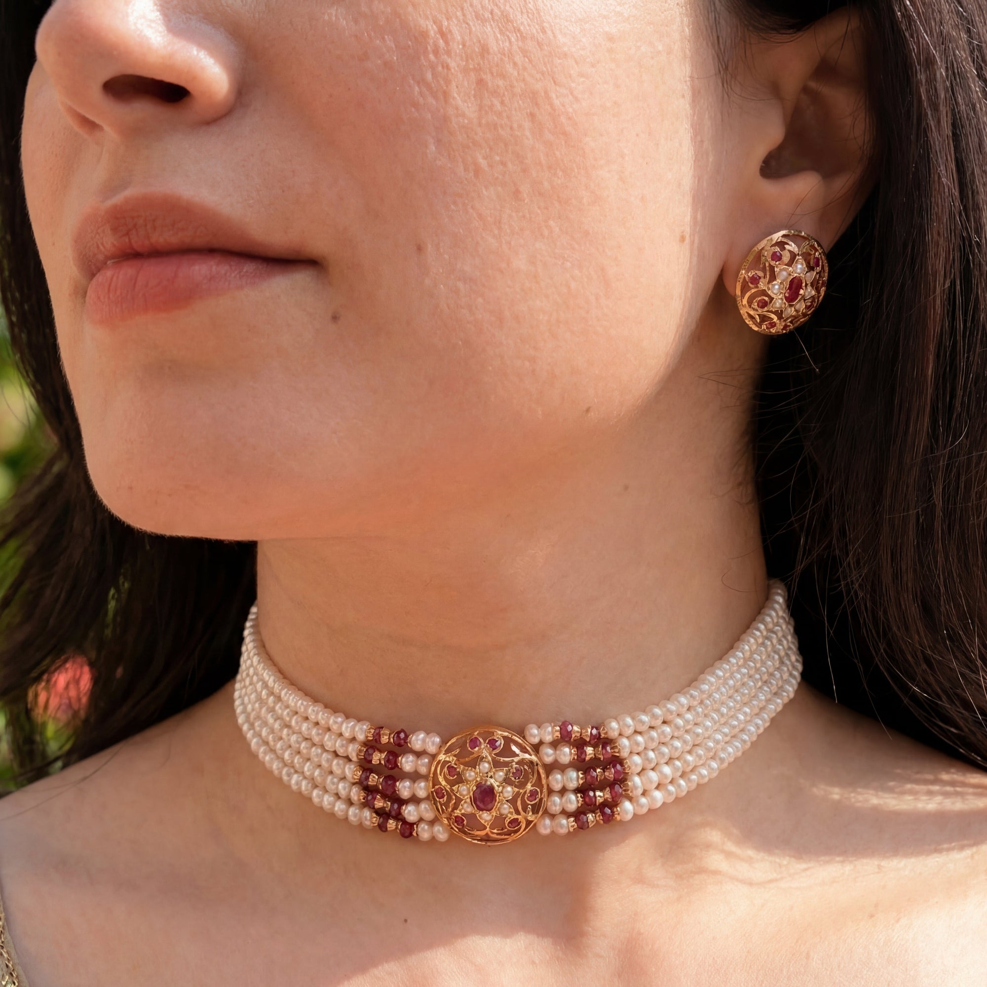 Delicate Ruby Pearl Choker | Freshwater Pearls Choker Set on Silver Base NS 356