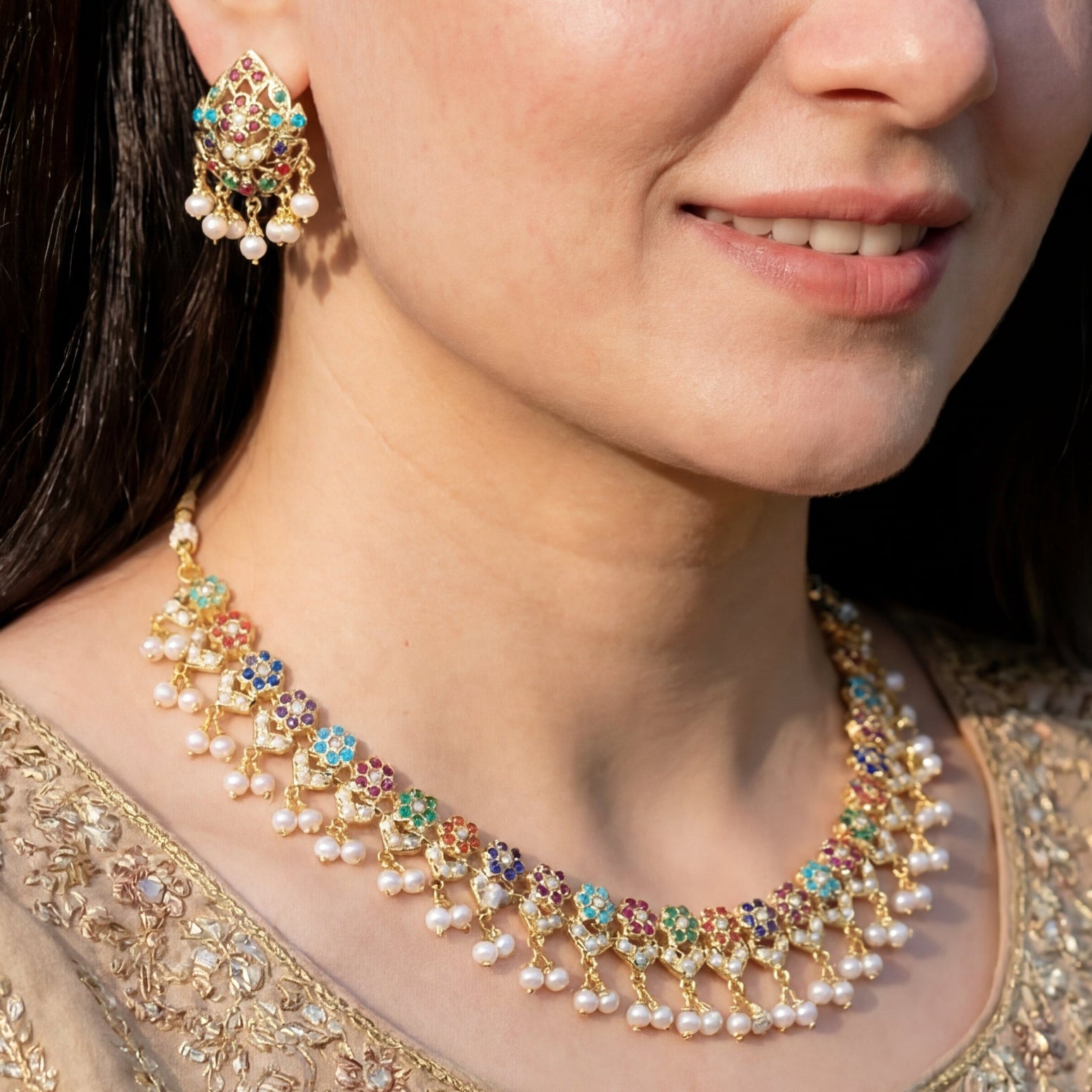 సున్నితమైన & సరళమైన డిజైన్ | బంగారు పూత పూసిన నవరత్న నెక్లెస్ సెట్ | 925 సిల్వర్ NS 150