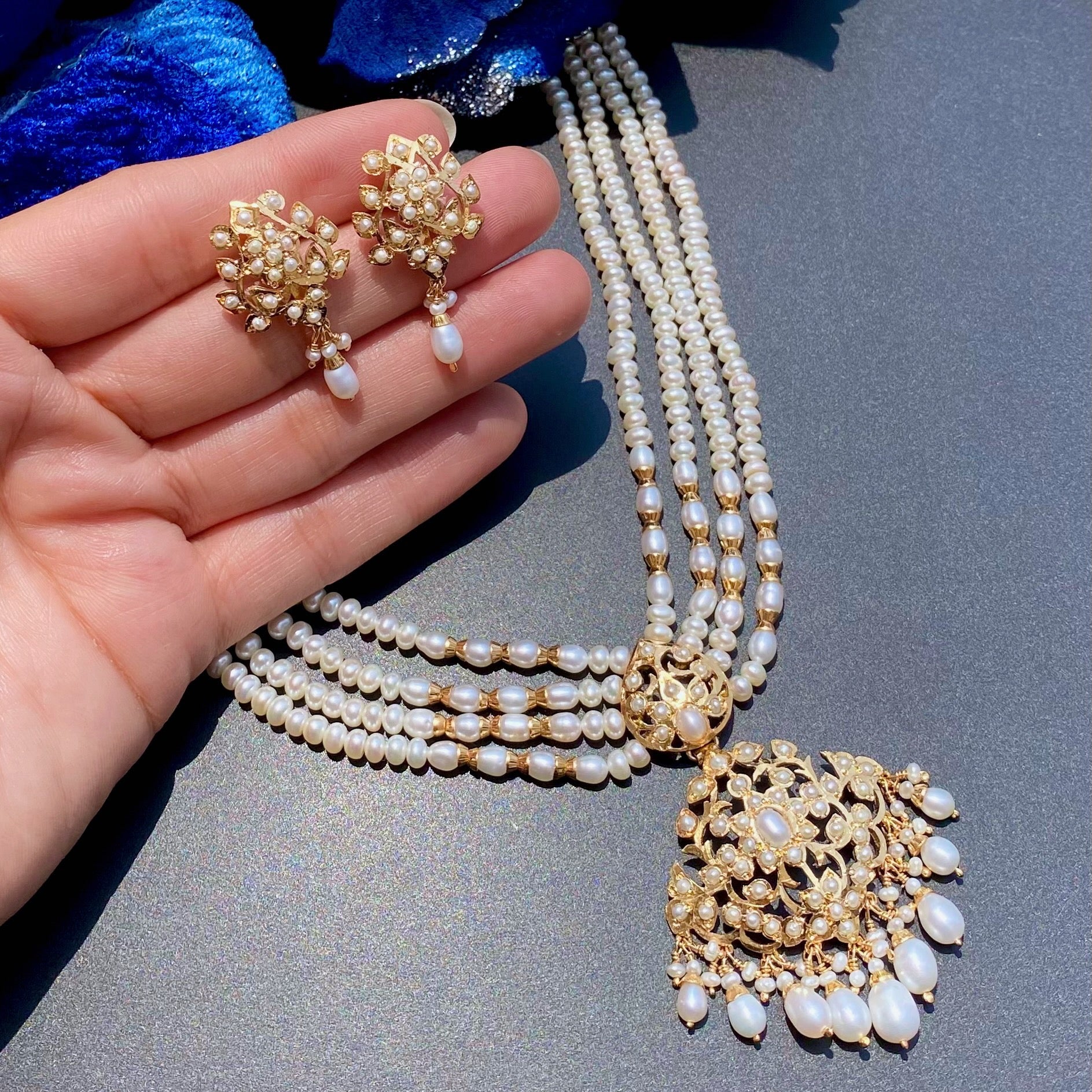Sitarami Set in Freshwate Pearls | Gold Plated on Sterling Silver | Heritage Indian Jewelry NS 383
