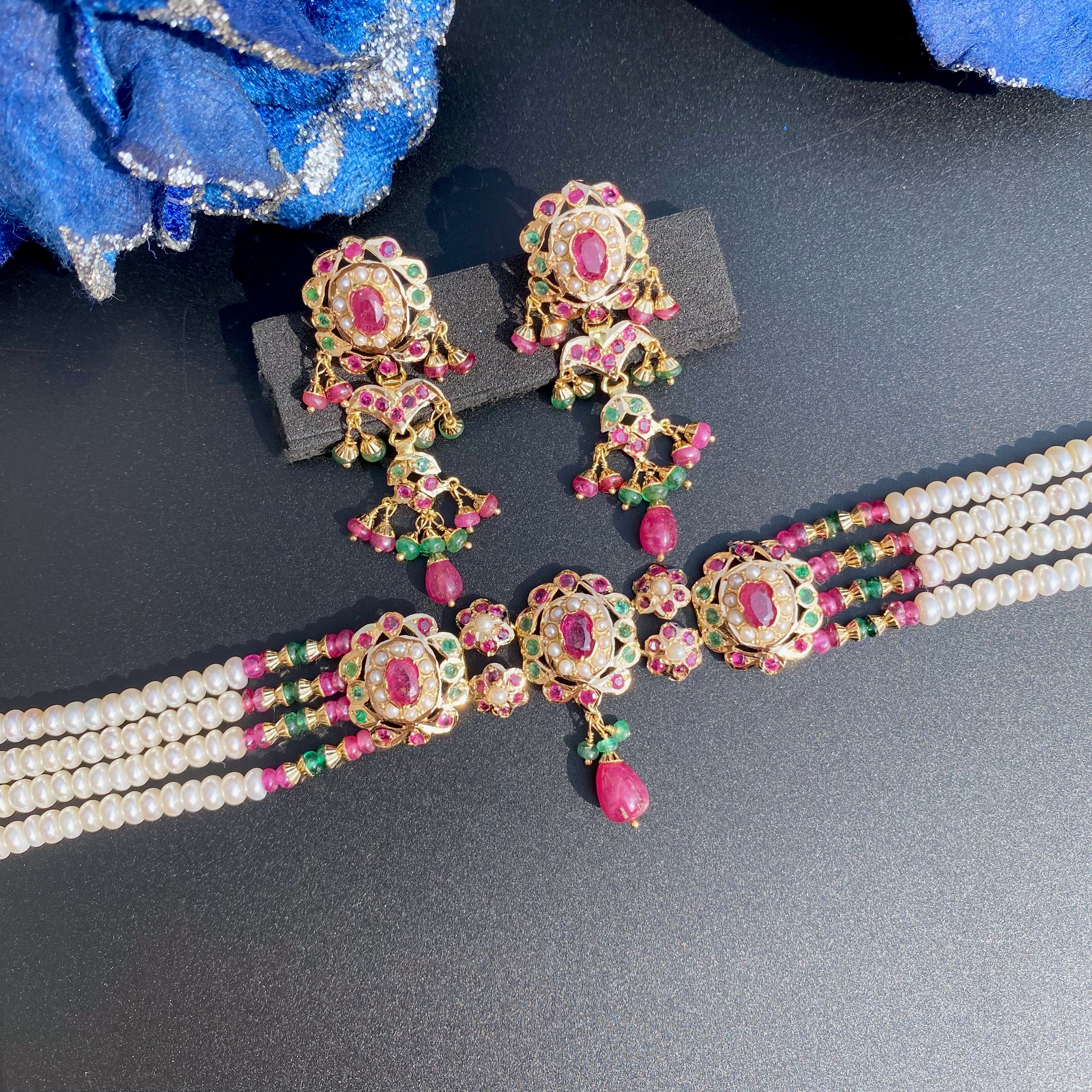 Dainty Gold Choker Set | 22k Gold with Precious Ruby Emeralds | Jewelry Gifts in Gold