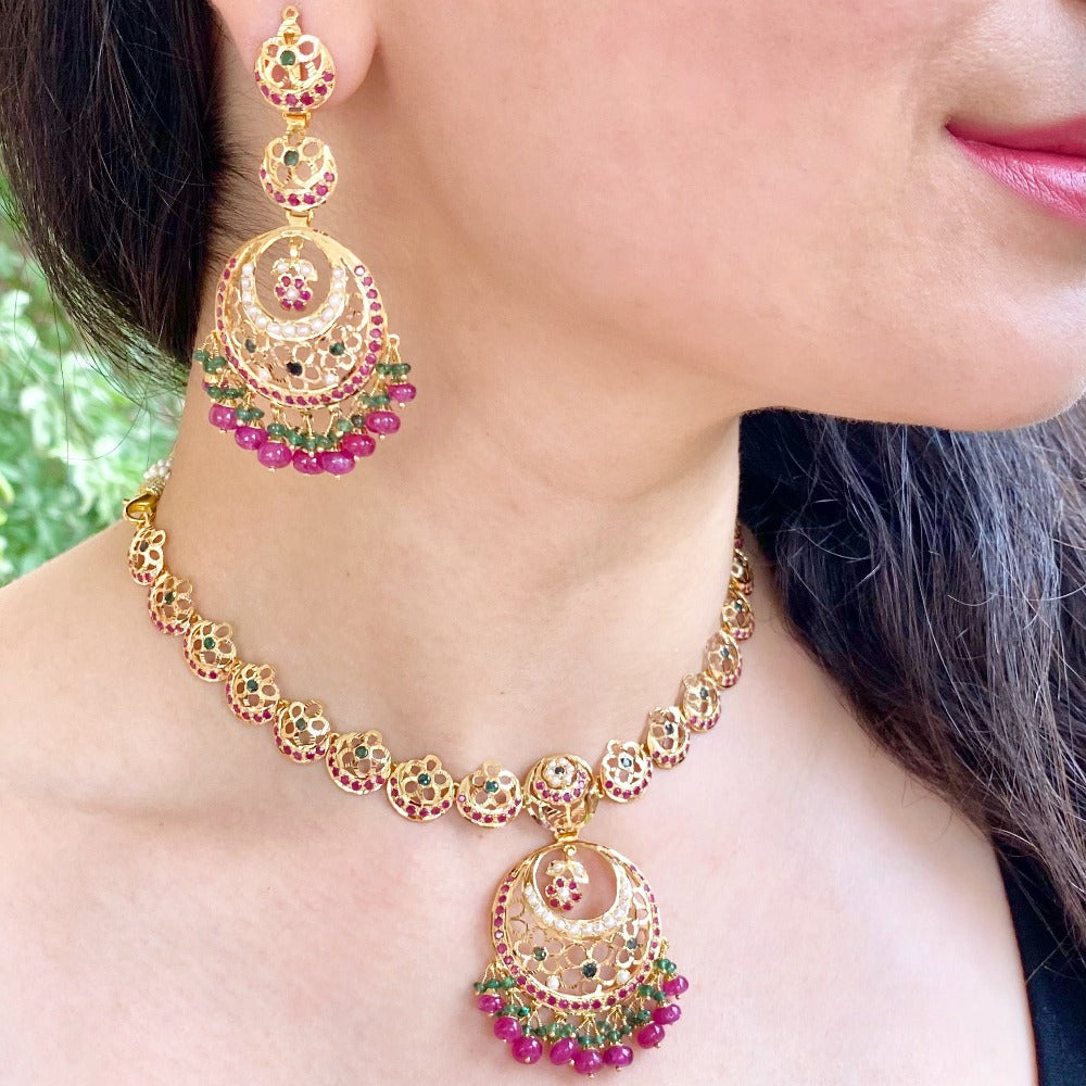light weight gold necklace set with rubies emeralds
