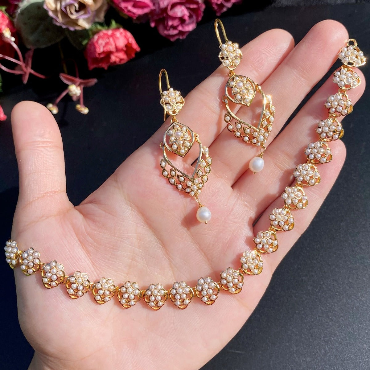 Pearl Set in 22k Gold Dainty fish hook Earrings Light Weight Jewel