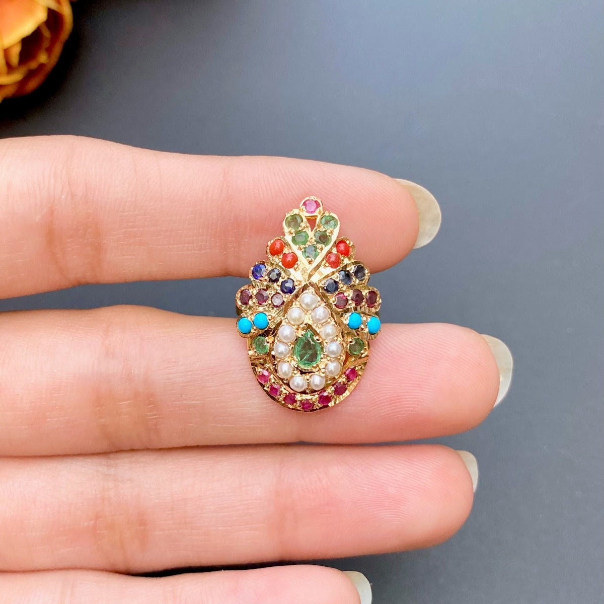 Navratna Gold Ring For Ladies Lightweight Gold Jewelry GLR 099