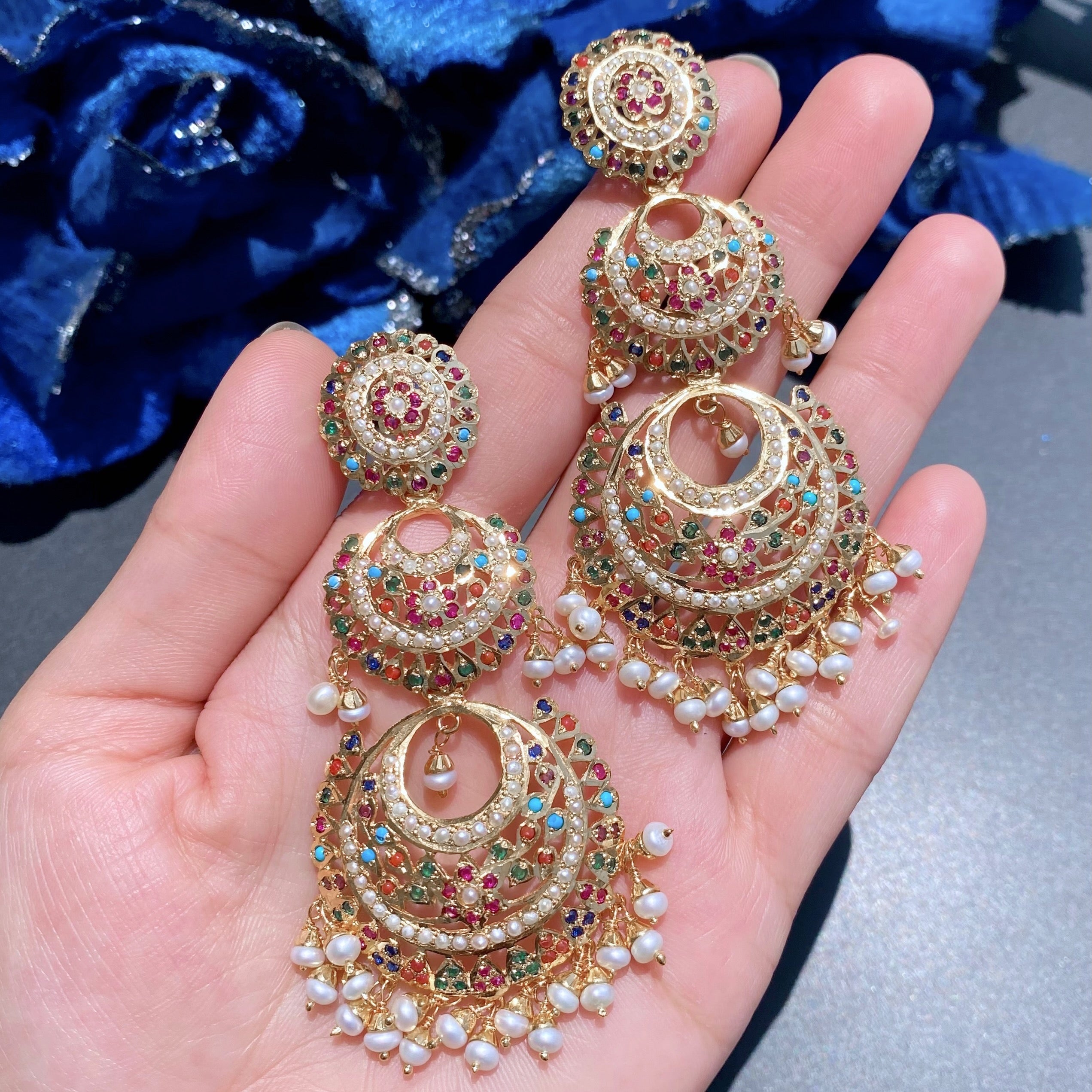 Navratna Double Chandbali Earrings | Gold Plated on Sterling Silver ER 566