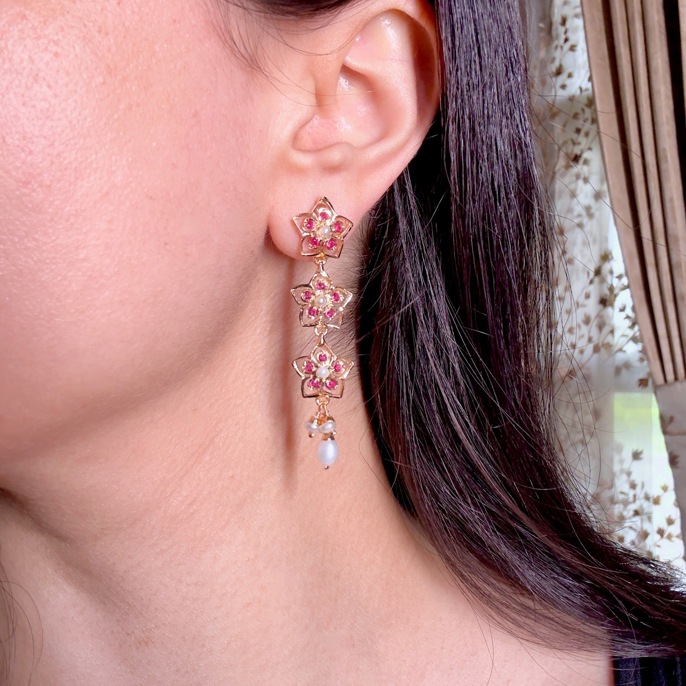 Long Indian Silver Danglers Silver | Stone Studded ER 507B