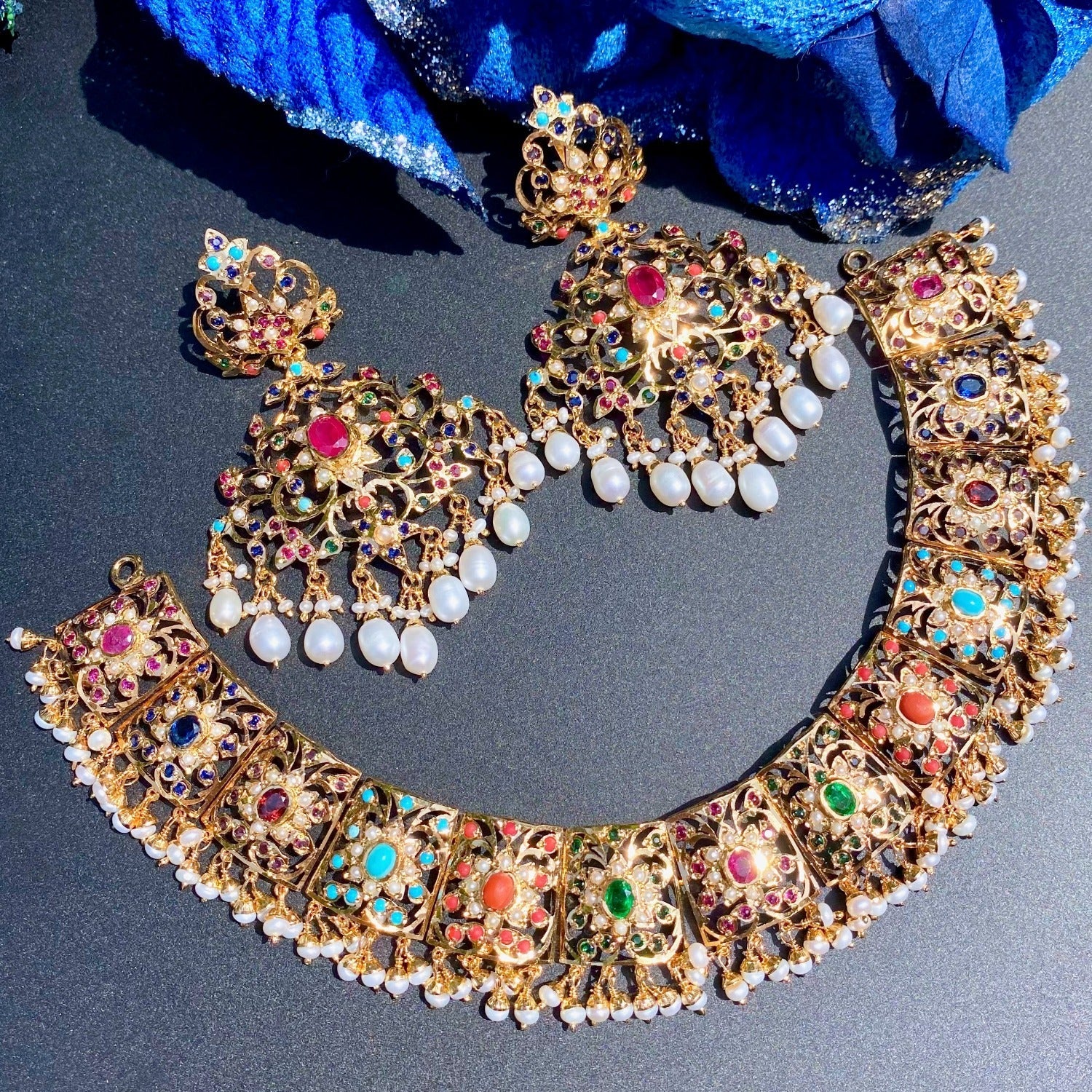 Bridal Navratna Necklace Set | Broad Necklace | Statement Earrings NS 295