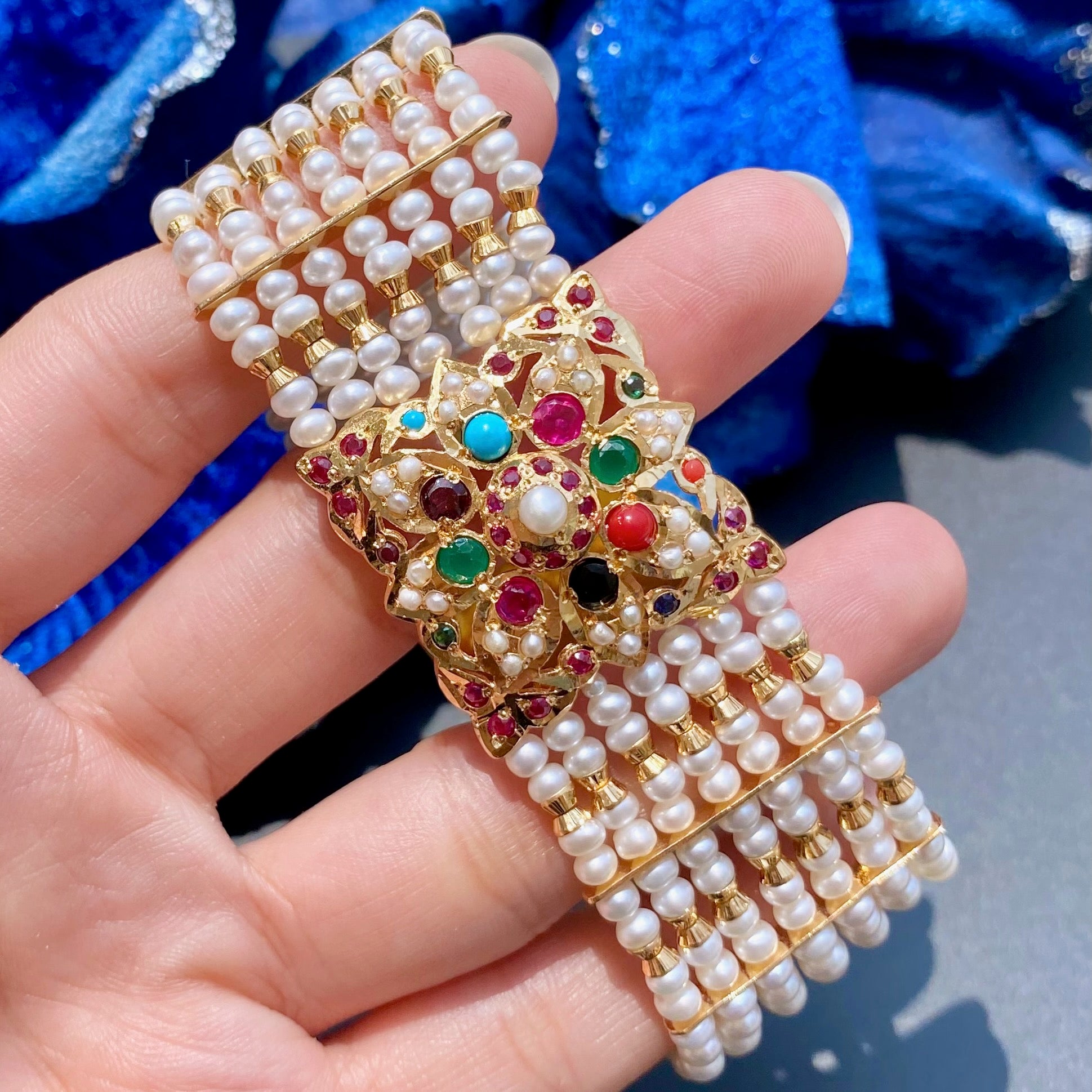 Mughal Style Dasti Bracelet | Gold Plated on Silver | Original Freshwater Pearls