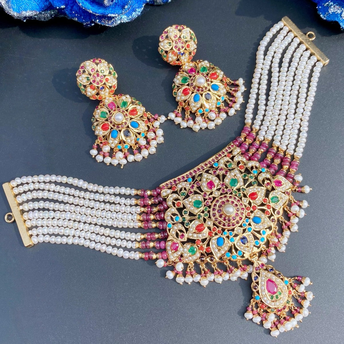 Enchanting Navratna Choker Set | Traditional Indian Jewelry on Silver Base NS 190A