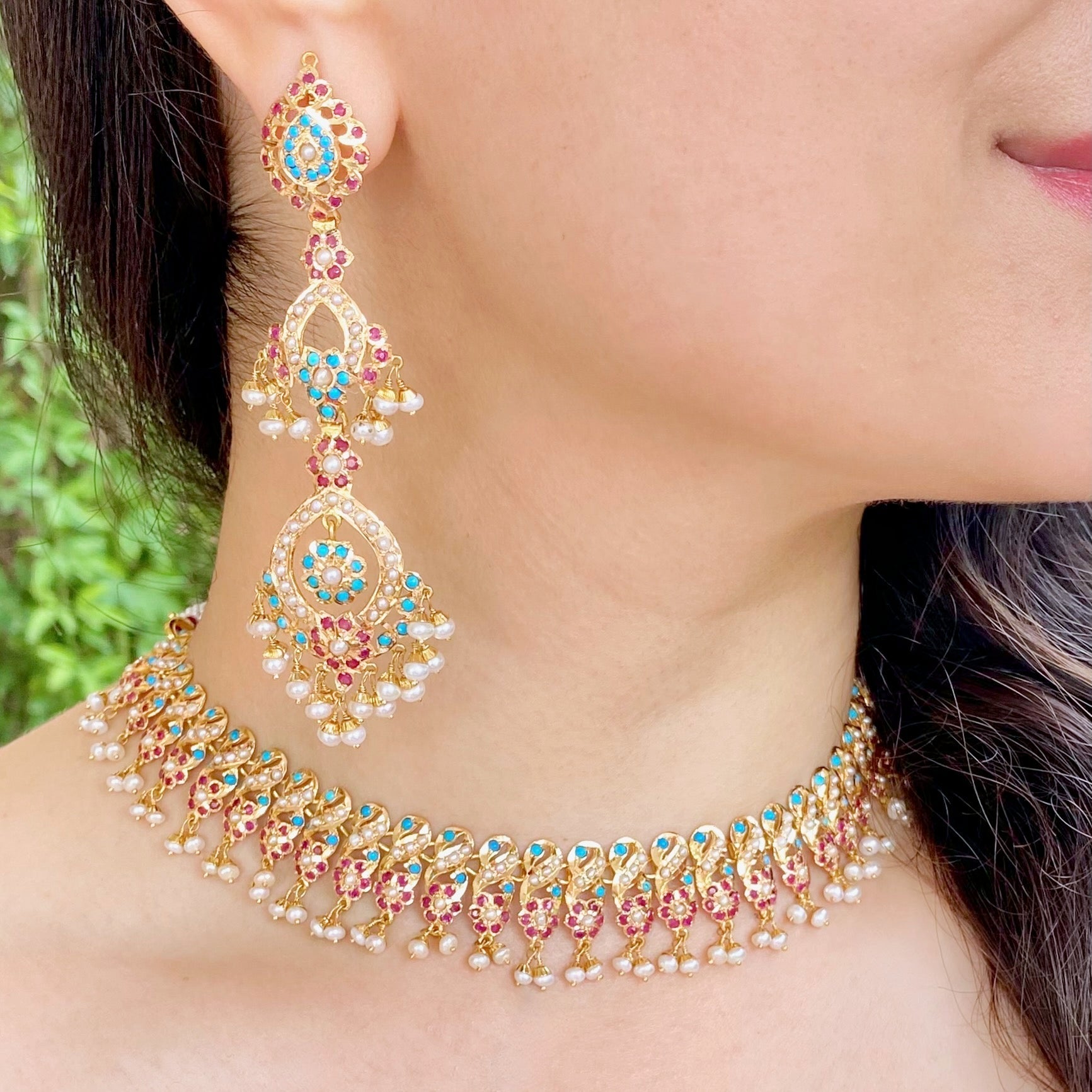 Multocolored Rajasthani Necklace Set on 22 carat Gold