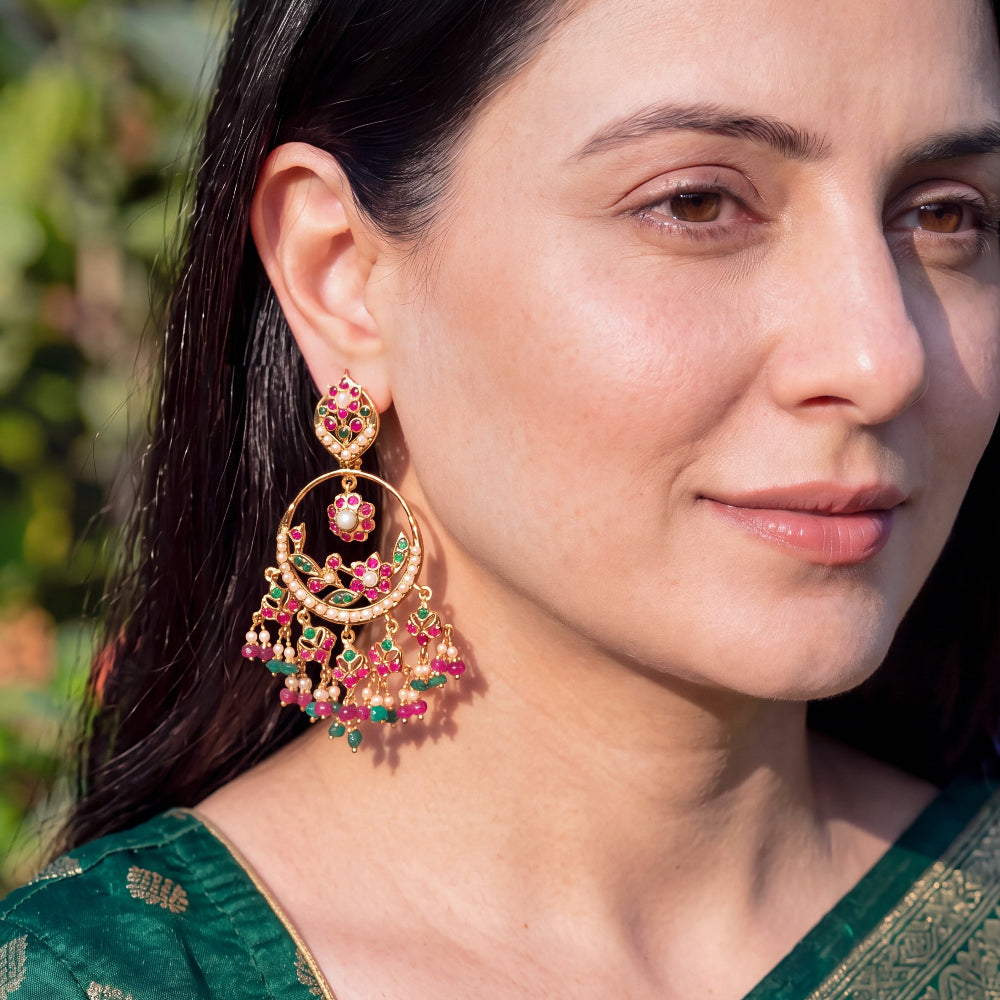 Punjabi Jadau Chandbali Earrings | Gold Plated on 925 Silver ER 743