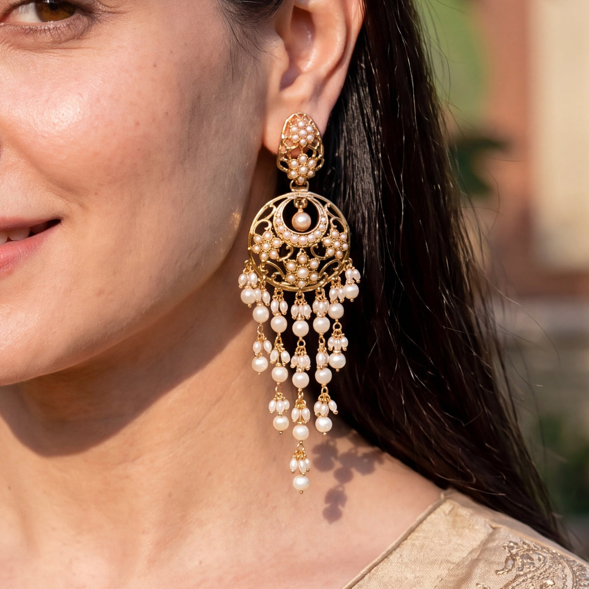 Long Pearl Jadau Chandbali Earrings | Gold Plated on 925 Silver ER 748
