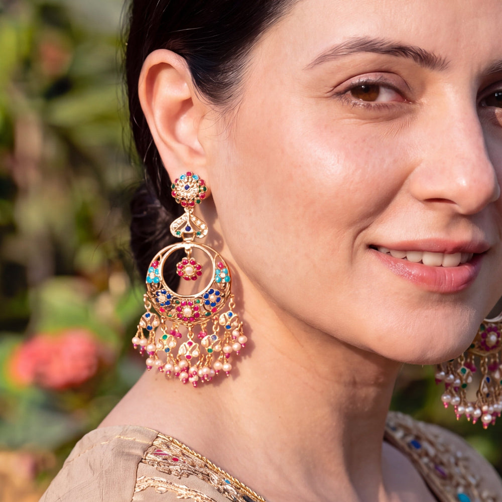 Long Navratna Jadau Chandbali Earrings | Gold Plated on 925 Silver ER 750