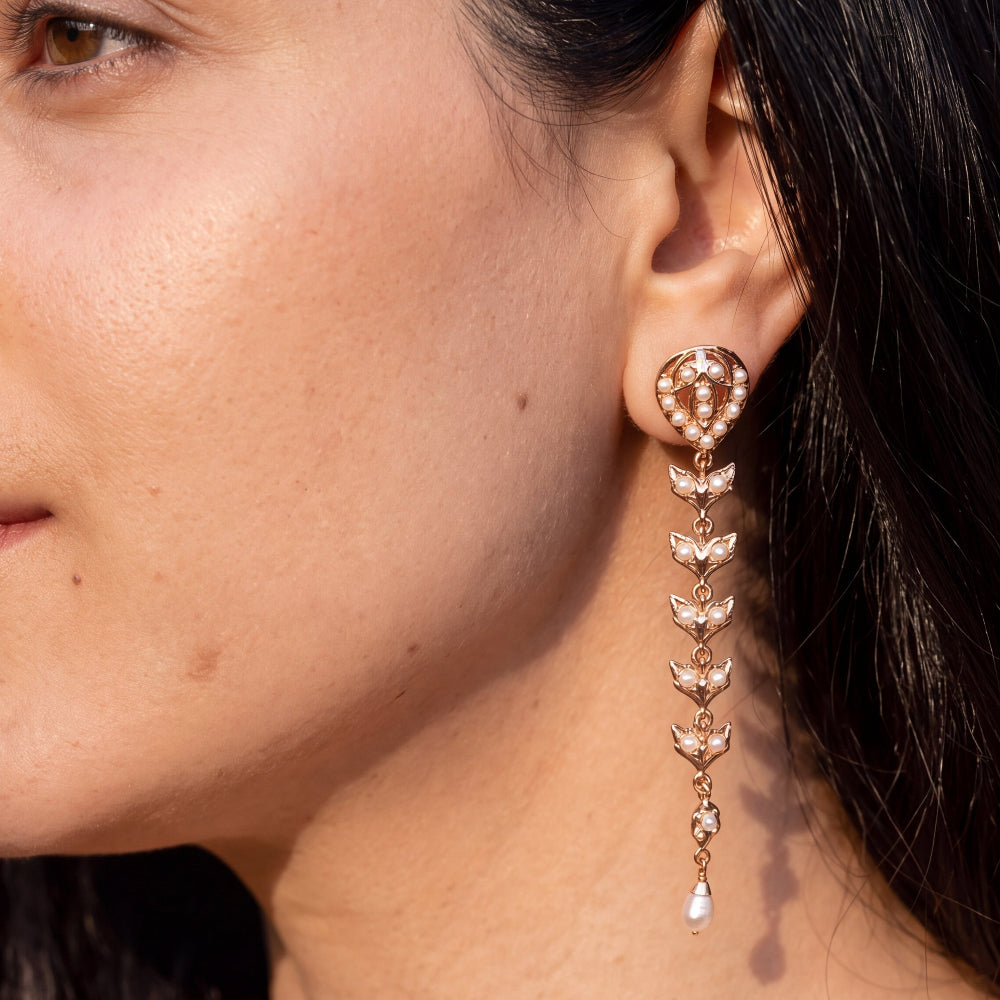 Long Flowing Slender Pearl Earrings | Gold Plated on Sterling Silver ER 726