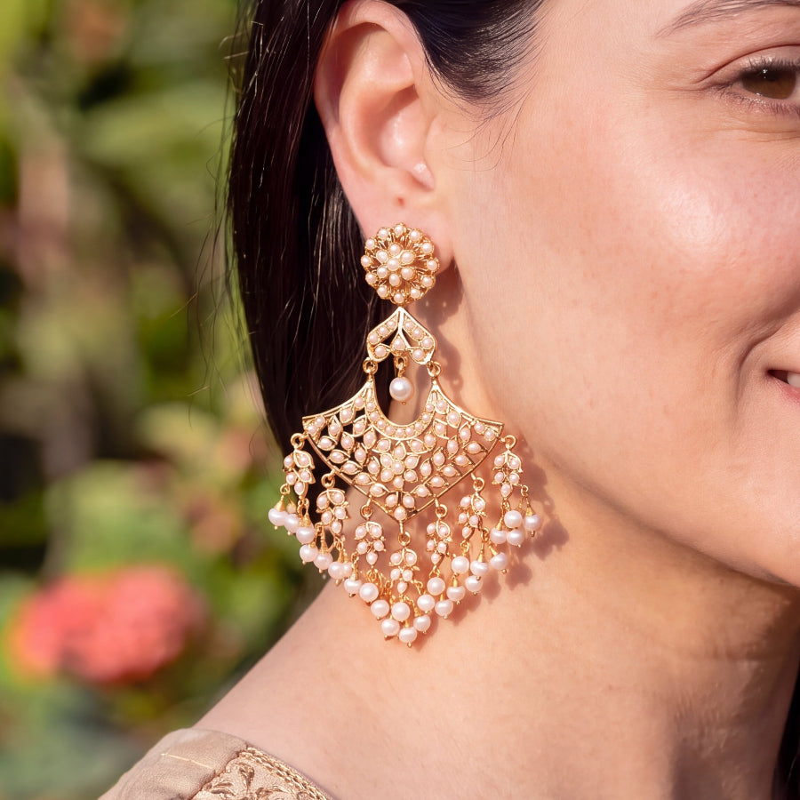 Pearl-Studded Chandbali Dangler Earrings | Gold Plated on 925 Silver ER 772
