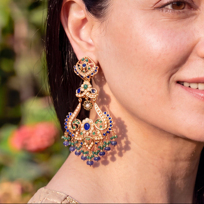 Blue Green Pearl Statement Chandbali Earrings | Gold Plated on Silver ER 769