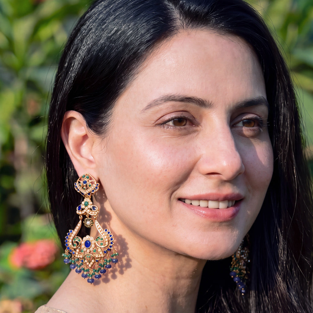 Blue Green Pearl Statement Chandbali Earrings | Gold Plated on Silver ER 769