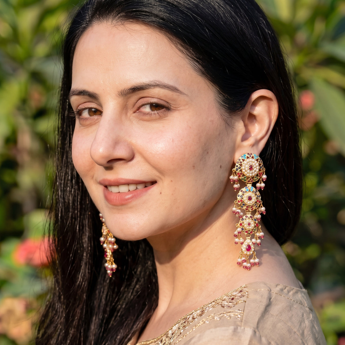 Multicolour Jadau Floral Dangler Earrings ER 780