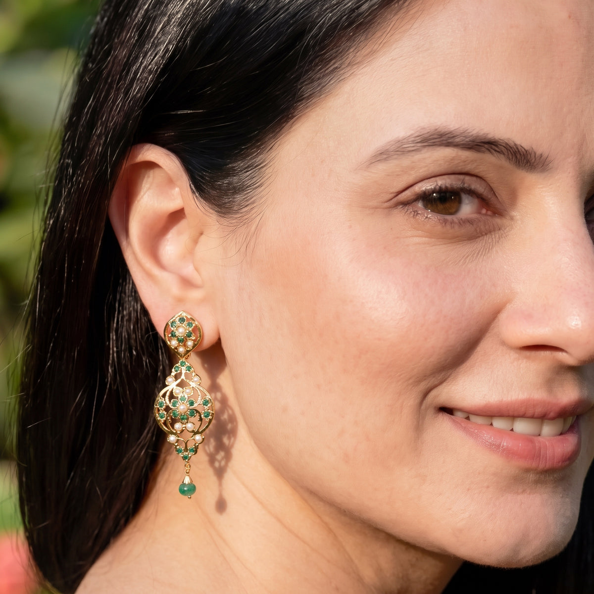 Emerald Green & Pearl Floral Statement Earrings in Gold-Plated Silver ER 788