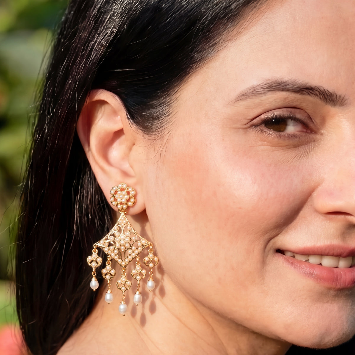 Pearl Floral Chandelier Earrings in Gold-Plated Silver ER 790