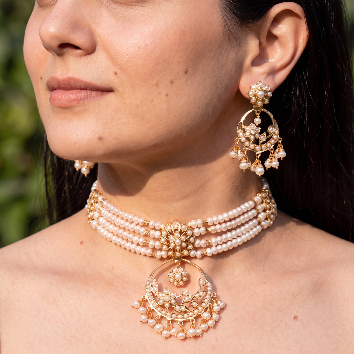 Freshwater Pearl Chandbali Choker Set in Gold-Plated 925 Silver NS 488