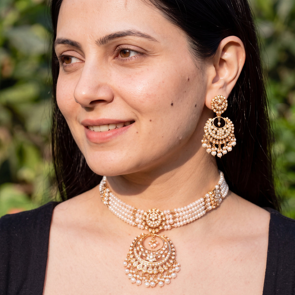 Exquisite Pearl Choker paired with Chandbali Earrings | Gold Plated Silver NS 489