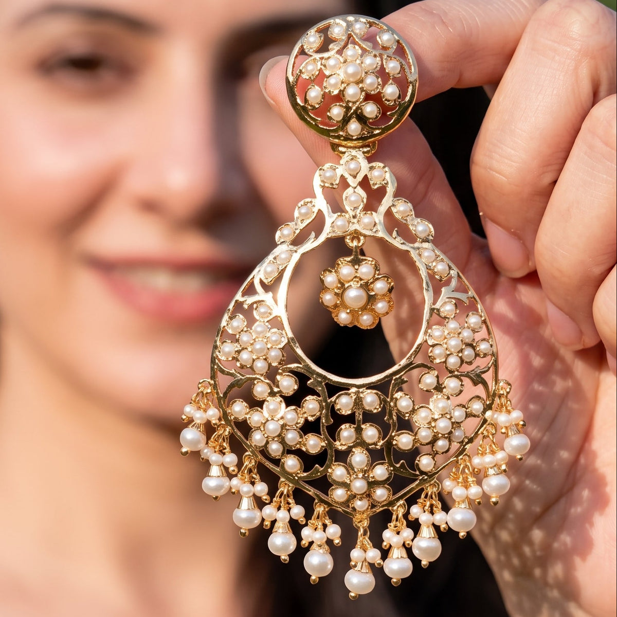 Fine Pearl Chandbali Earrings on Gold Plated Silver ER 793