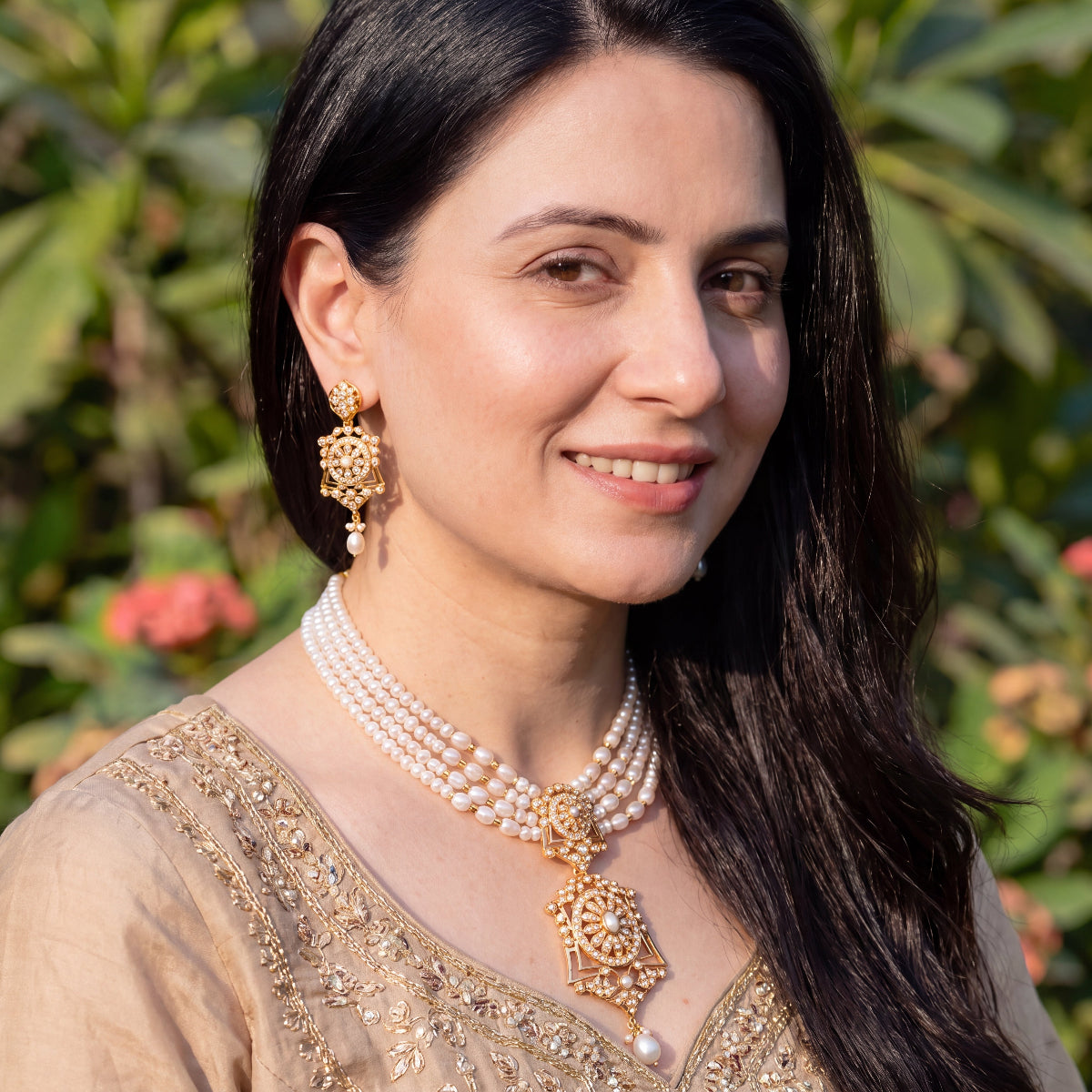 Vintage-Inspired Pearl Choker Set with Statement Earrings | Gold Plated 925 Silver NS 498