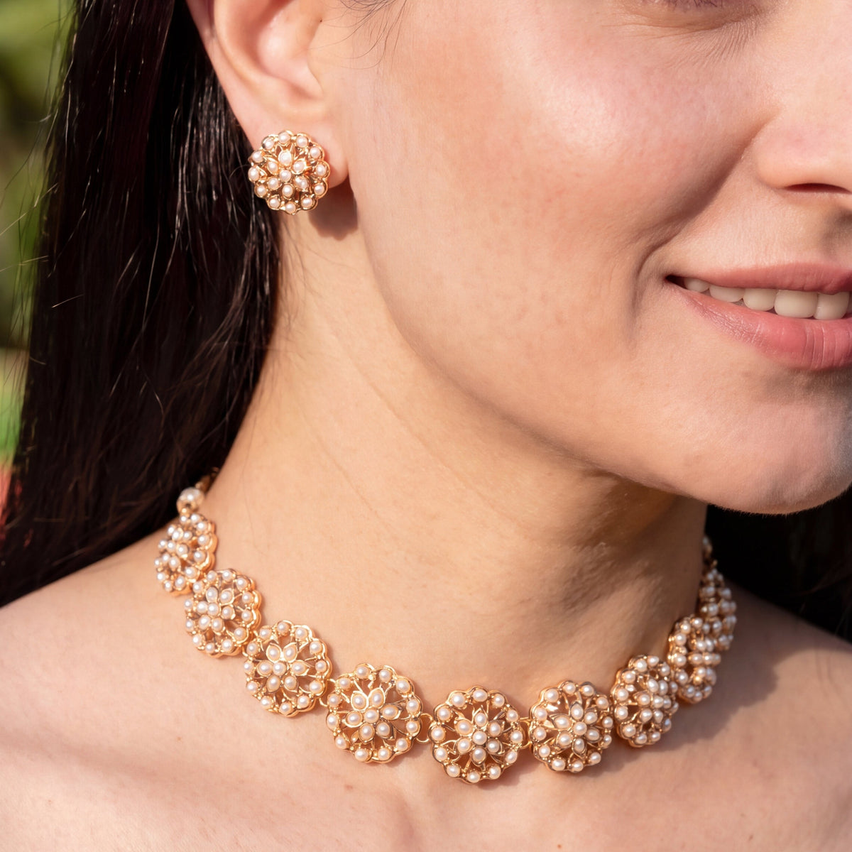 Minimal Pearl Floral Choker Set | Gold Plated Sterling Silver NS 493