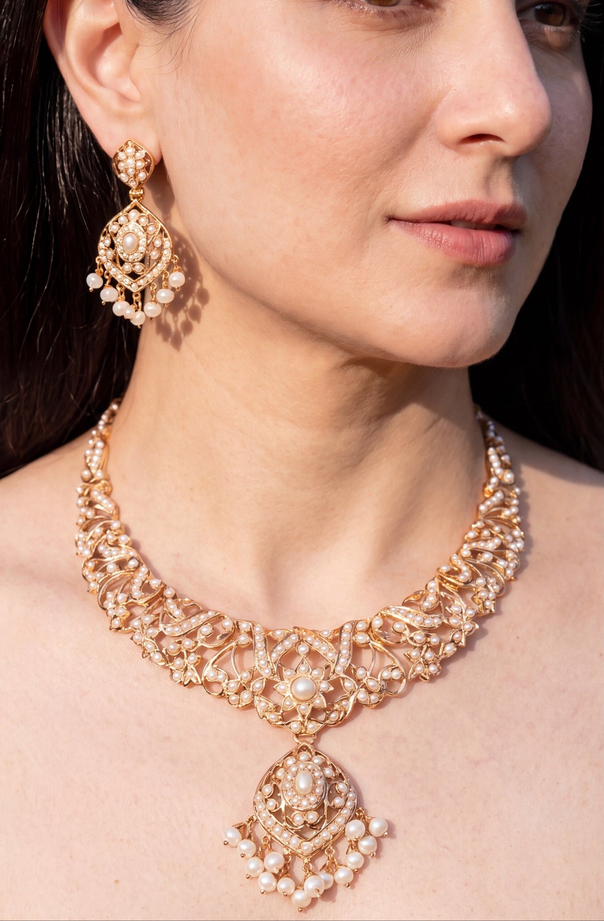 Vintage-Inspired Pearl Necklace & Earrings Set | Gold Plated on Silver 925 NS 496