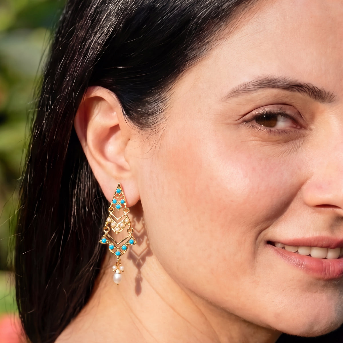 Dainty Turquoise & Pearl Geometric Drop Earrings | Gold Plated on Silver ER 802